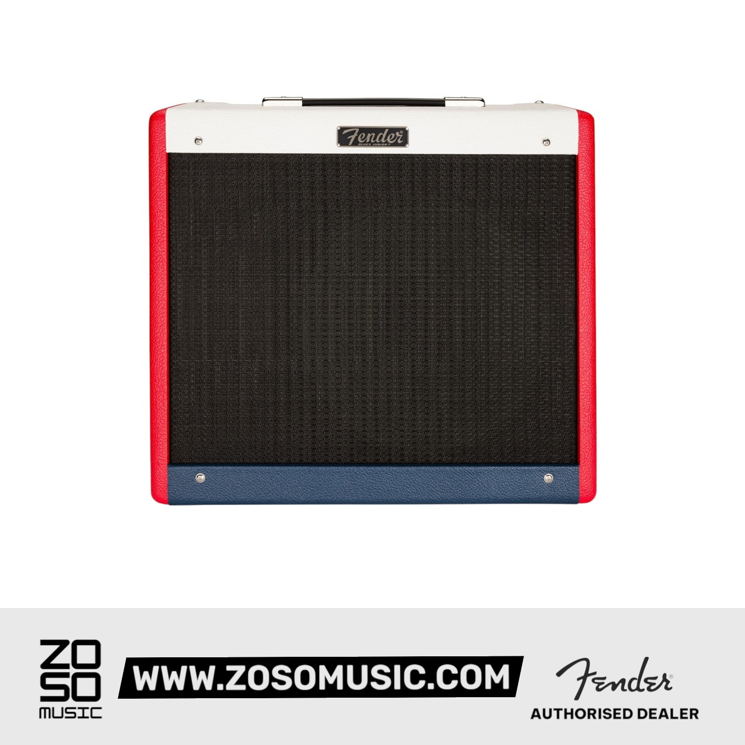 Zoso Music Fender Blues Junior IV combo amp featuring red, white, and blue vinyl covering and black grille cloth.