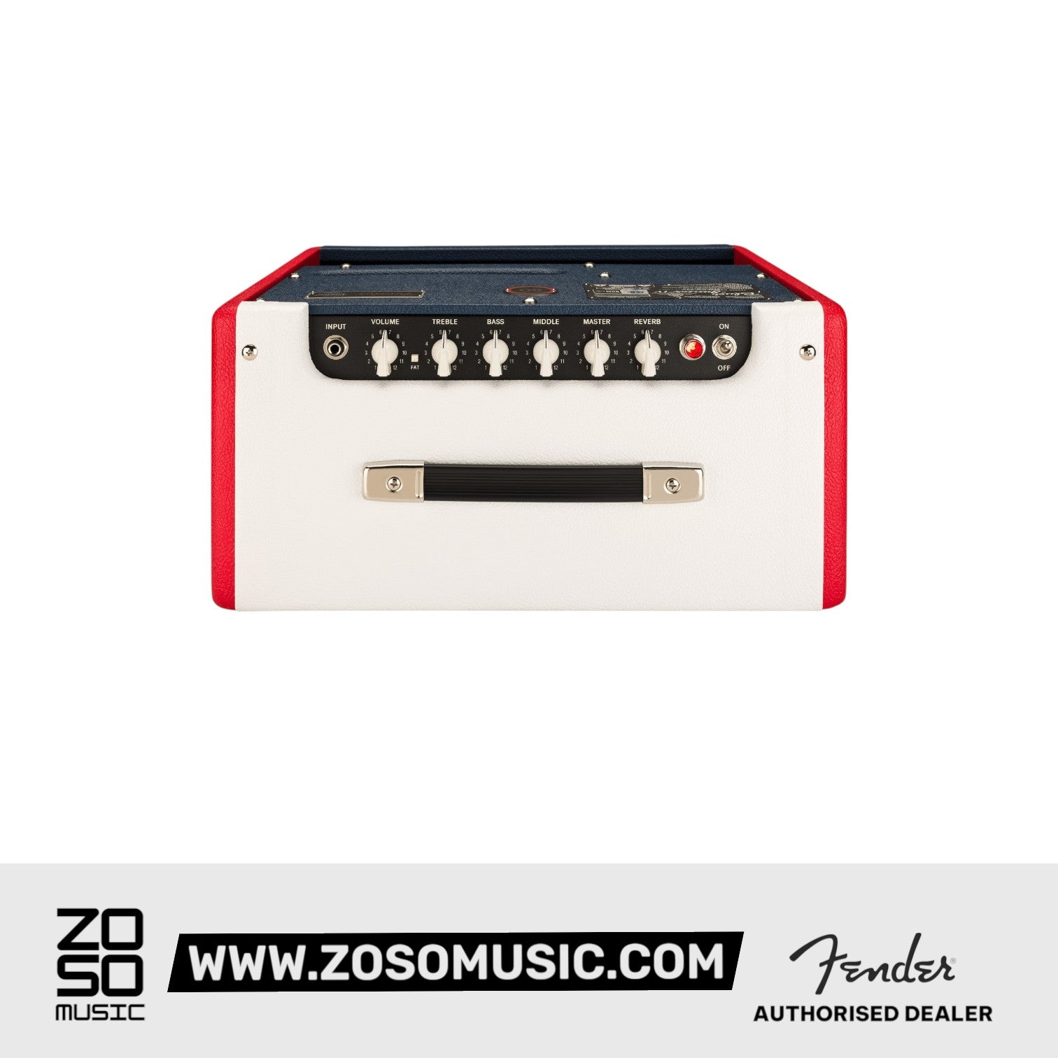 Zoso Music Fender Blues Junior IV tube amp with red, white, and blue vinyl cabinet and top-mounted control panel.