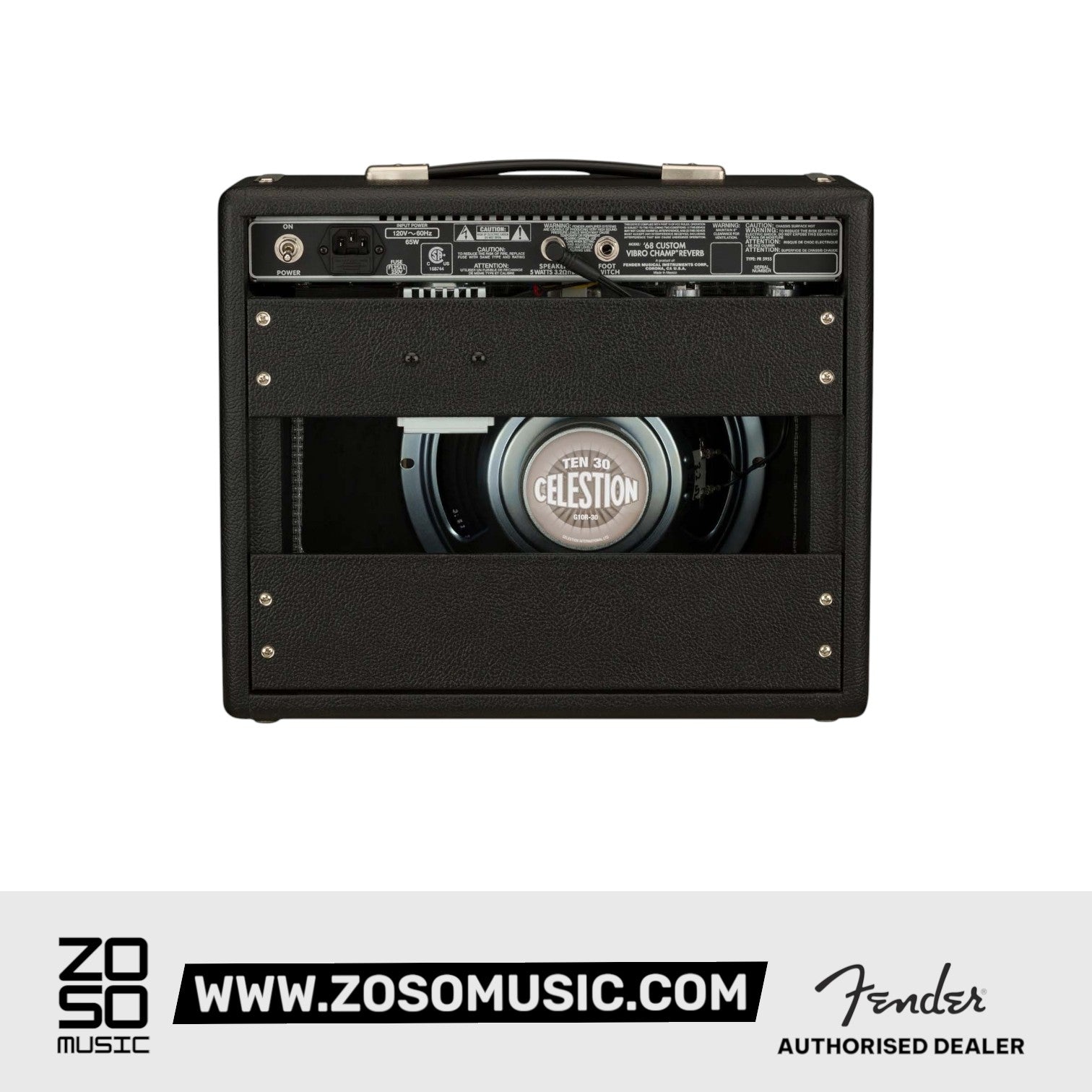 Rear view of Zoso Music Fender 68 Custom Vibro Champ Reverb amplifier showing the Celestion Ten 30 speaker and inputs.