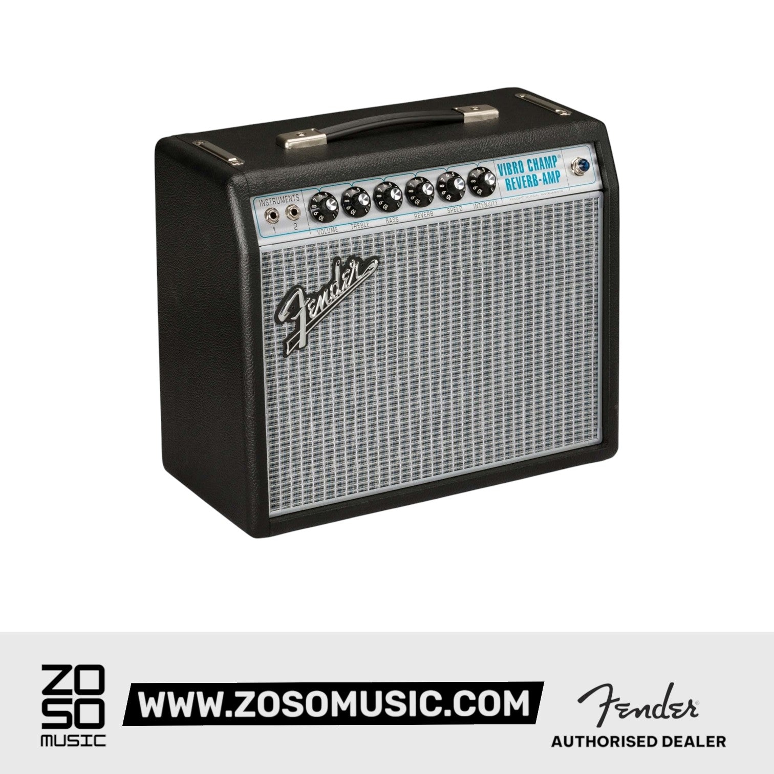 Zoso Music Fender 68 Custom Vibro Champ Reverb tube guitar amplifier with silver-turquoise grille and black vinyl.