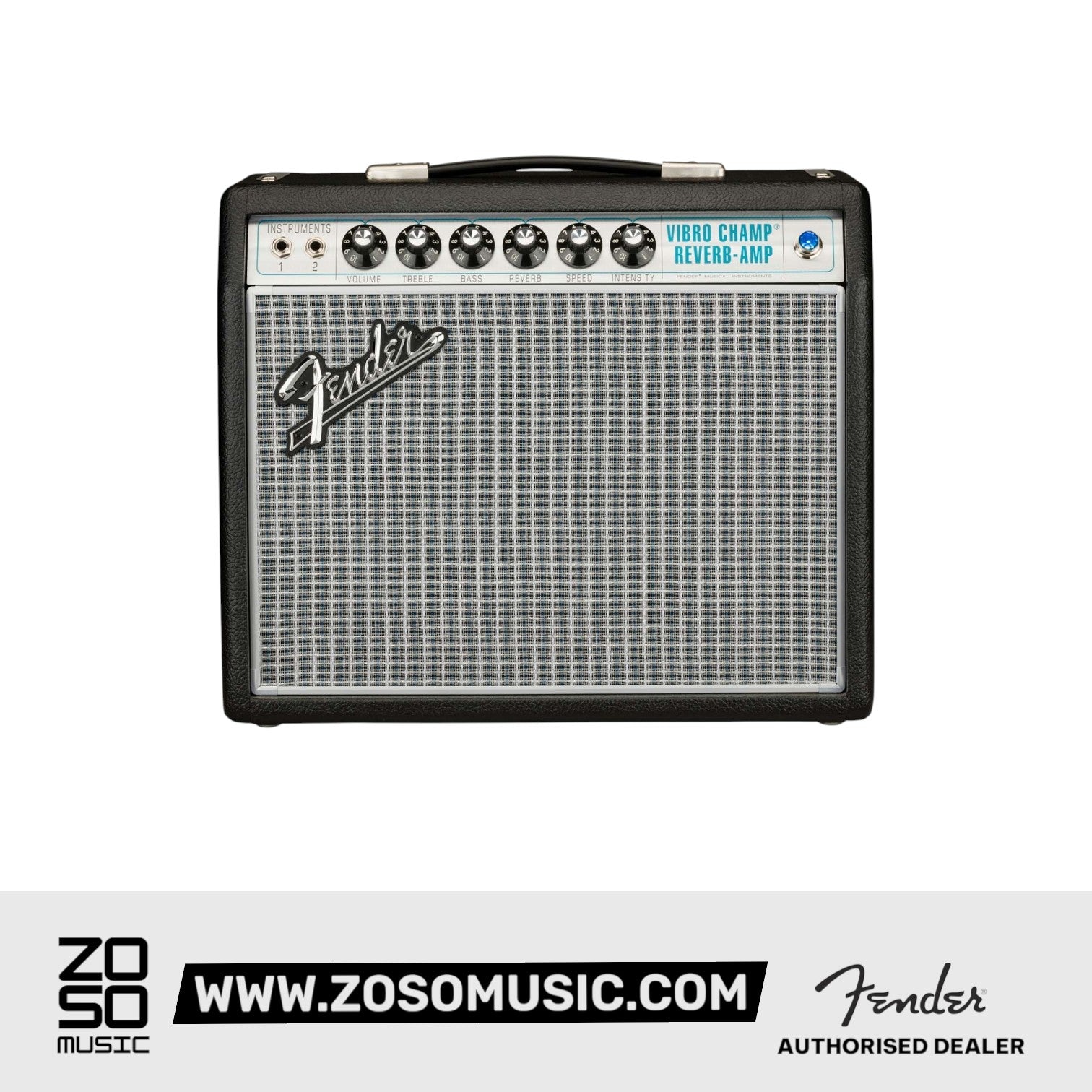 Zoso Music Fender 68 Custom Vibro Champ Reverb tube guitar amplifier with silver-turquoise grille and blue jewel light