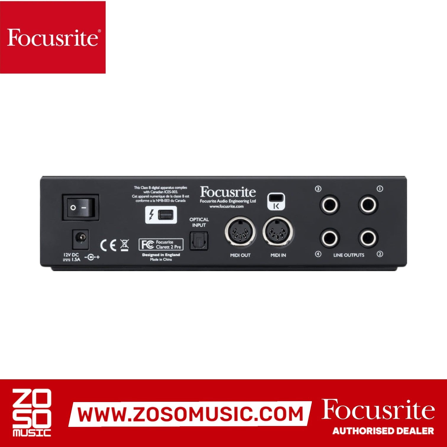 Rear panel of Zoso Music Focusrite Clarett+ 2Pre audio interface showing MIDI, optical, and line output ports.