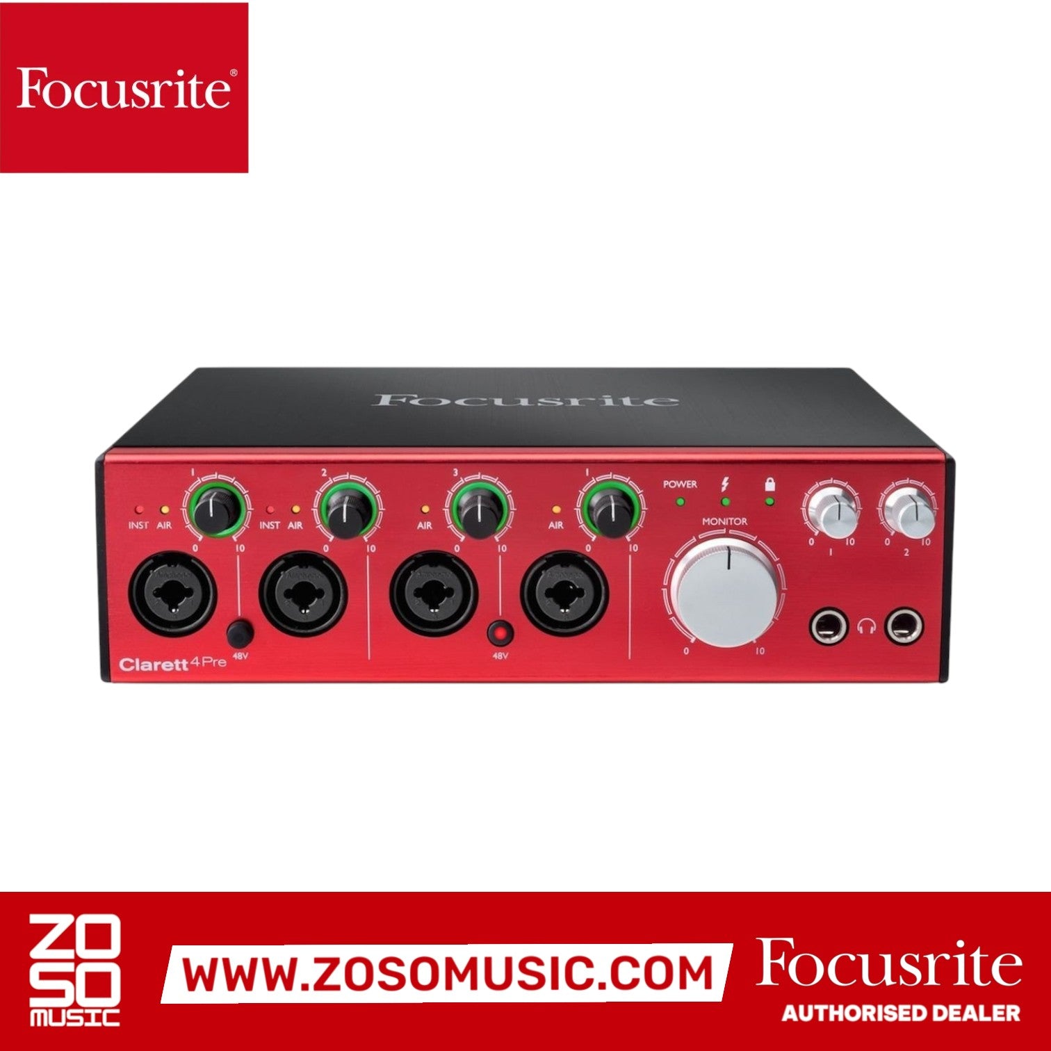 Zoso Music Focusrite Clarett+ 4Pre audio interface with four mic preamps, red chassis, and front panel controls.