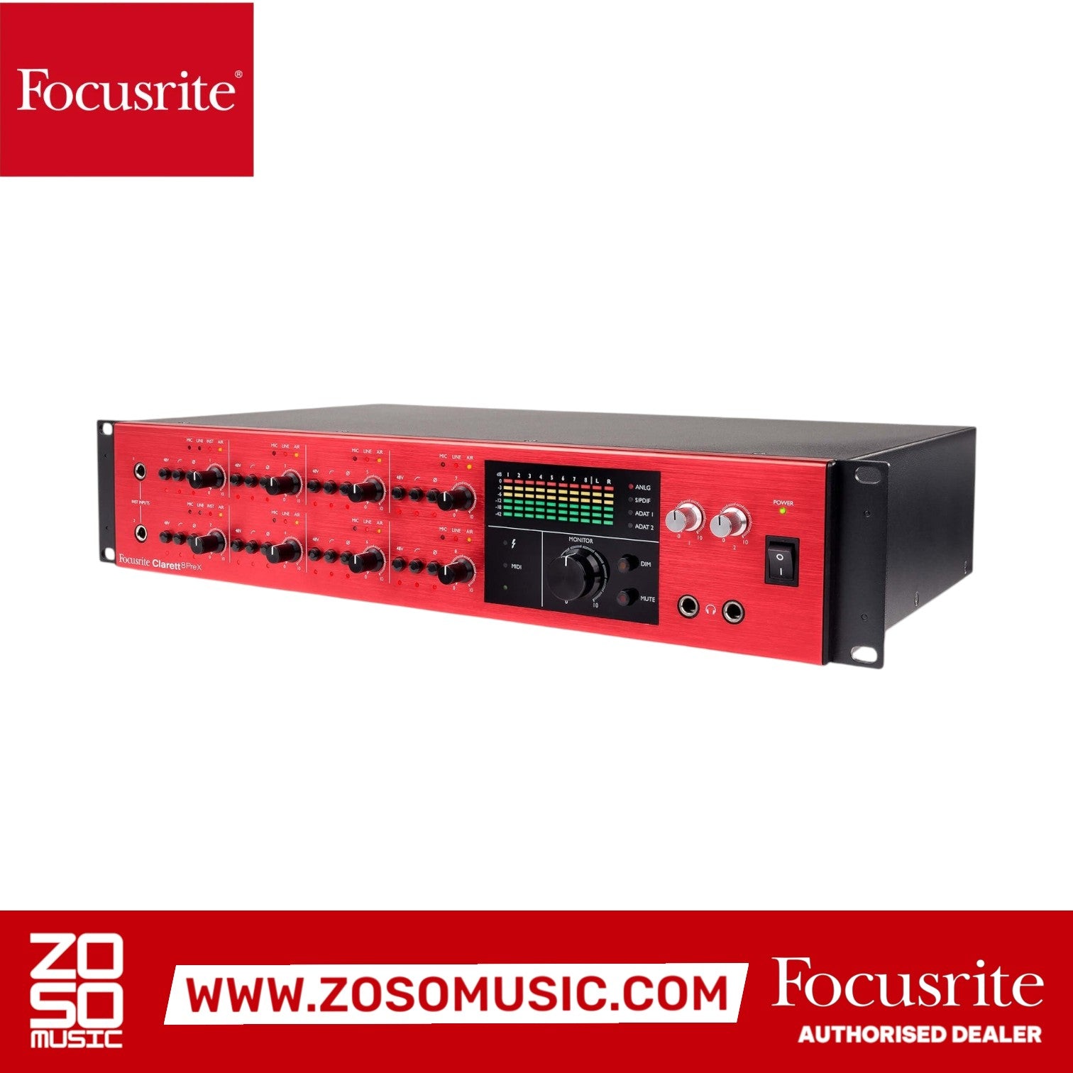 Zoso Music Focusrite Clarett 8 Pre X Thunderbolt audio interface with red front panel and rack-mount design