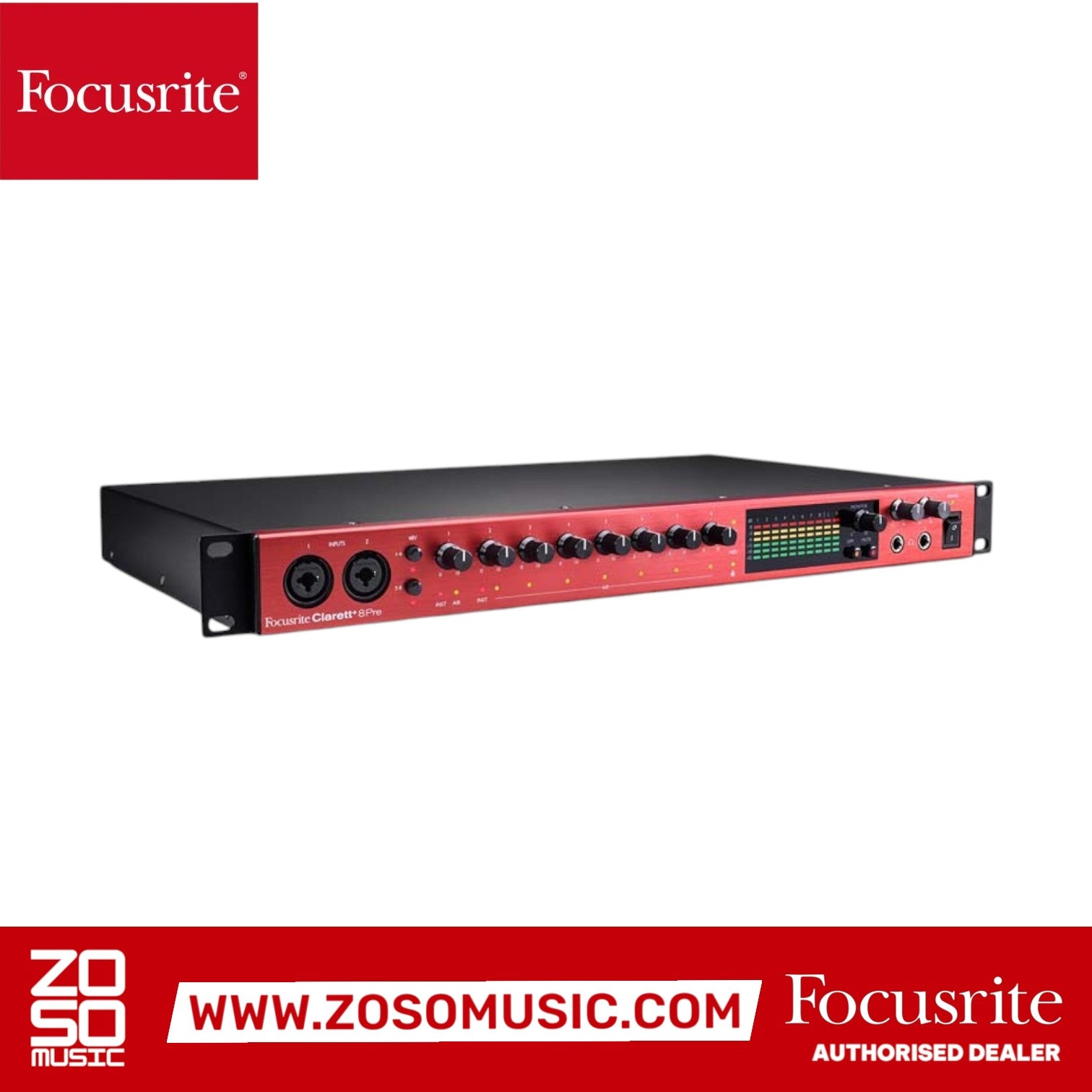 Zoso Music Focusrite Clarett+ 8Pre audio interface with red front panel, eight mic preamps, and LED level meters.
