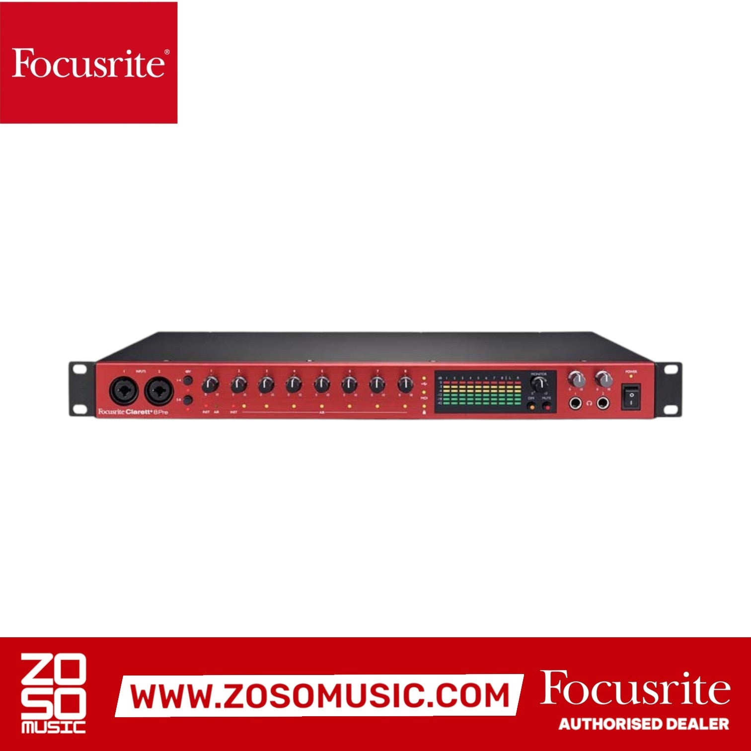 Zoso Music Focusrite Clarett+ 8Pre red rackmount audio interface with eight mic preamps and LED metering