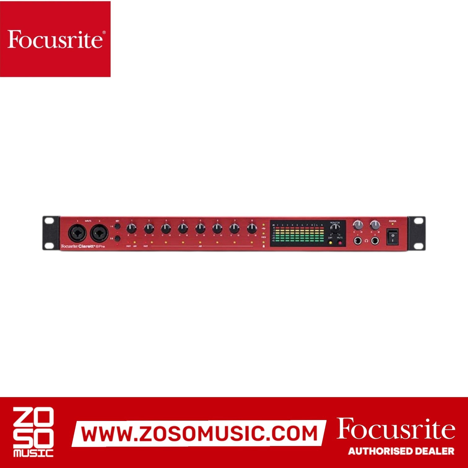 Zoso Music Focusrite Clarett+ 8Pre red rackmount audio interface with eight mic preamps and front panel controls.