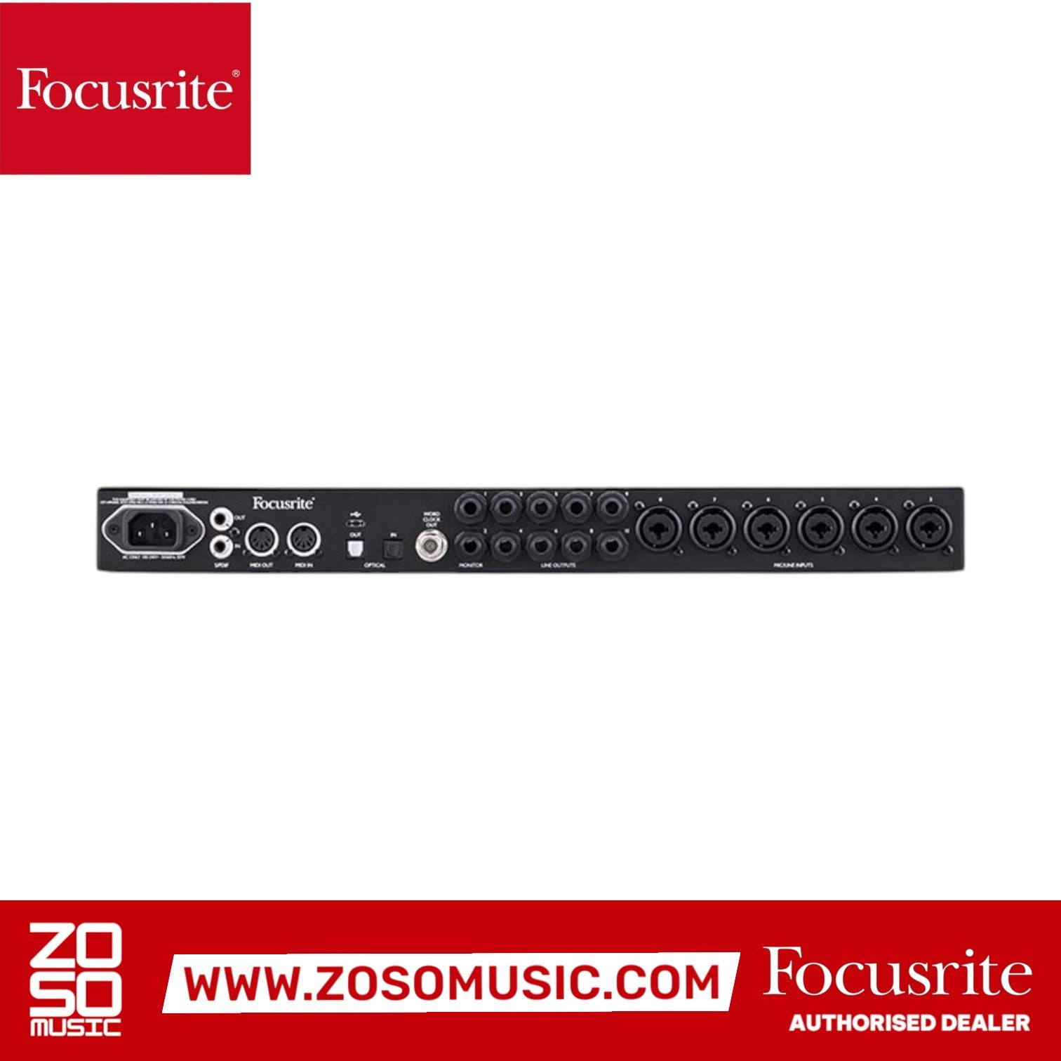 Zoso Music Focusrite Clarett+ 8Pre audio interface rear panel showing XLR and TRS inputs and outputs.