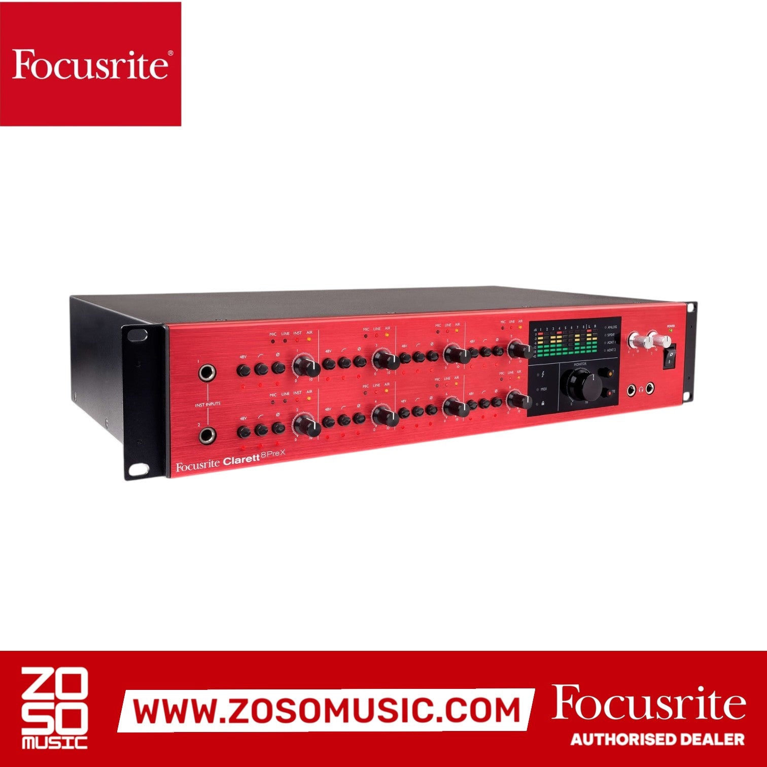 Zoso Music Focusrite Clarett 8PreX Thunderbolt audio interface with red front panel and eight mic preamps.