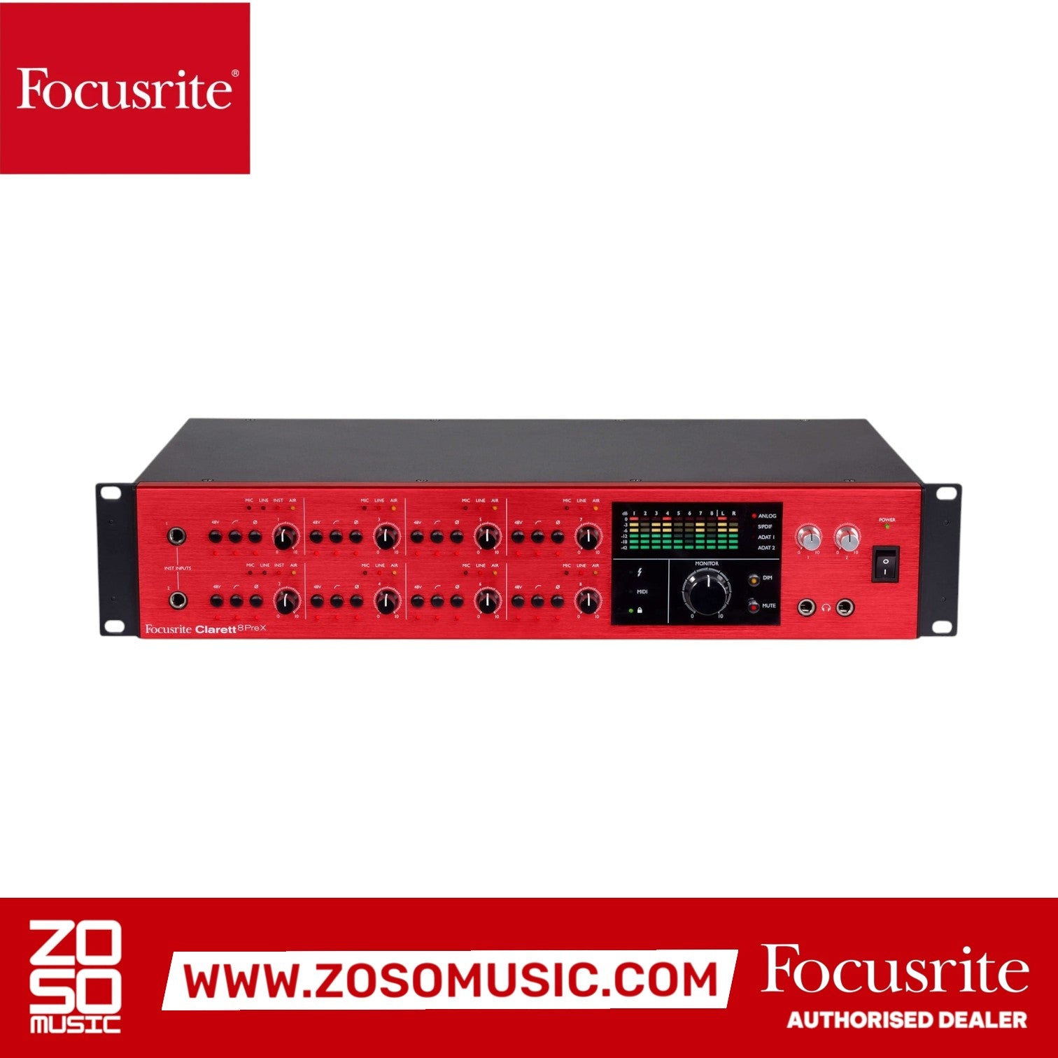 Zoso Music Focusrite Clarett 8PreX Thunderbolt audio interface with red front panel and eight mic preamps