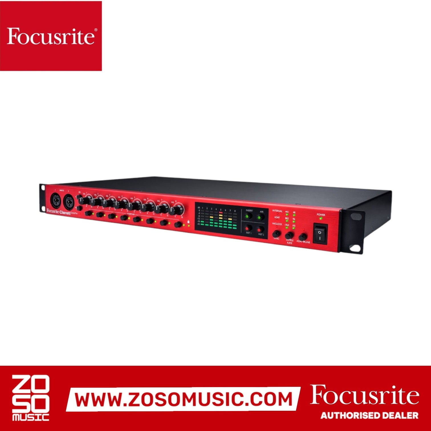 Zoso Music Focusrite Clarett Octopre 8-channel microphone preamp with red front panel and LED level meters