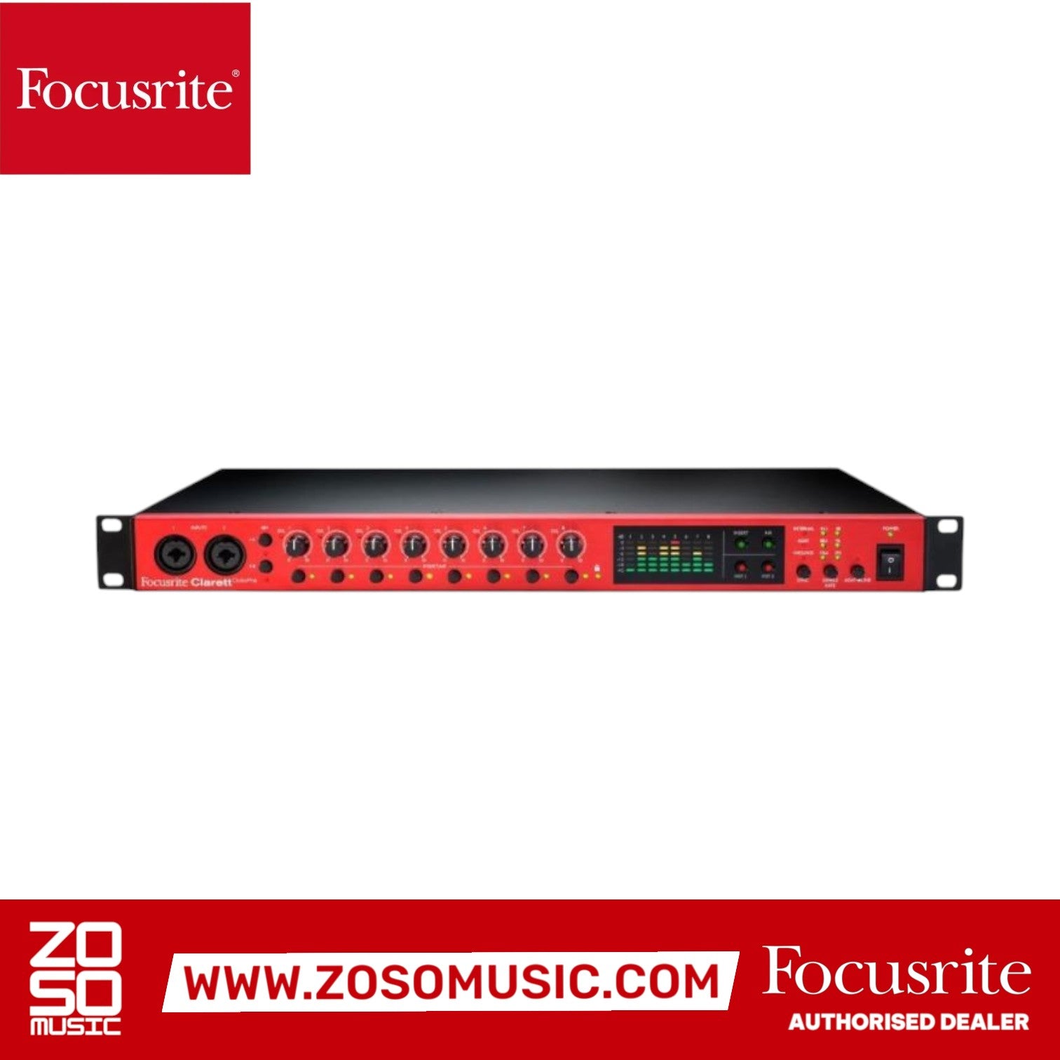 Zoso Music Focusrite Clarett Octopre 8-channel microphone preamp with red front panel and LED level meters