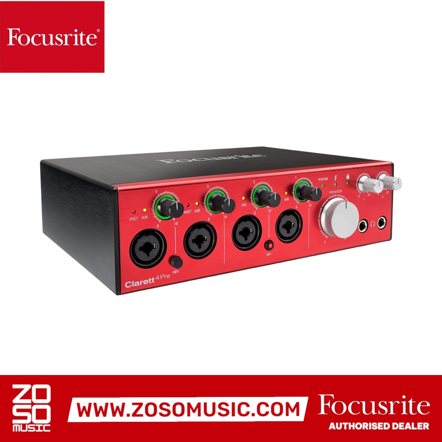 Zoso Music Focusrite Clarett+ 4Pre USB-C audio interface with red front panel, four mic preamps, and monitor controls.