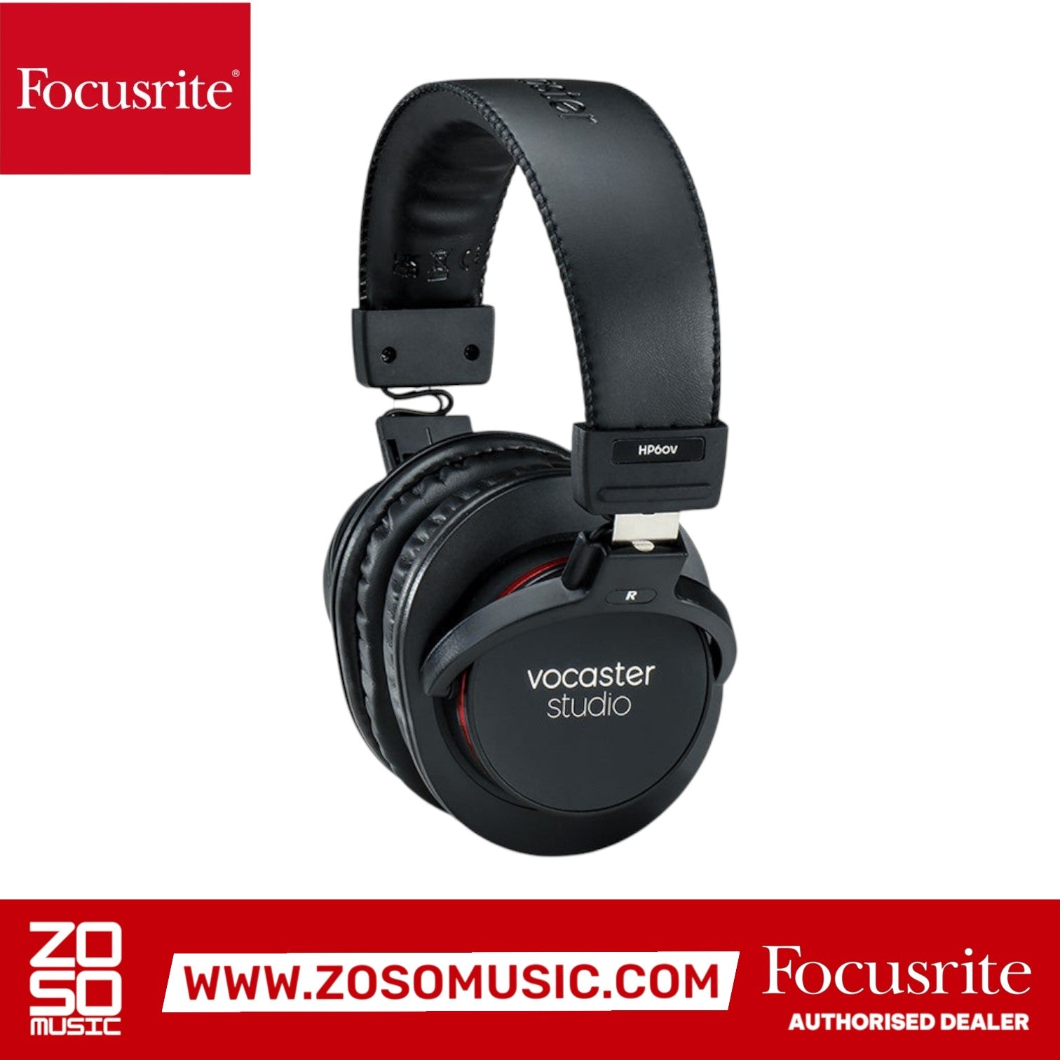 Zoso Music Focusrite HP60v closed-back studio headphones in black with Vocaster branding on the ear cups