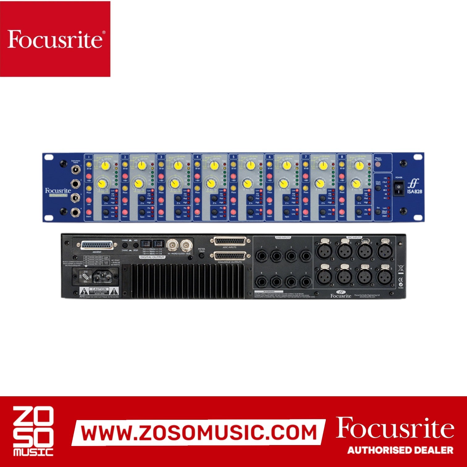 Zoso Music Focusrite ISA 828 8-channel microphone preamp showing front control panel and rear input output connections