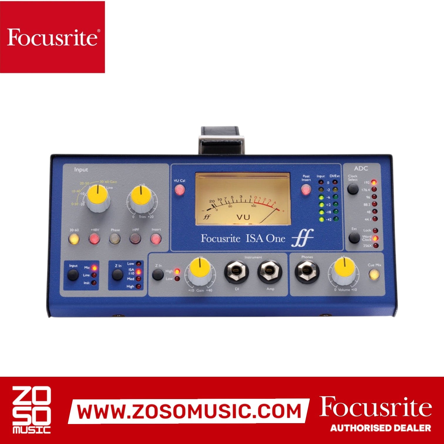 Zoso Music Focusrite ISA One analogue microphone preamp and DI with VU meter and blue metal enclosure