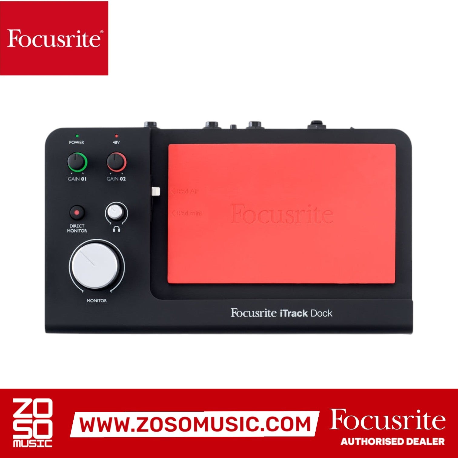 Zoso Music Focusrite iTrack Dock iPad recording interface with red dock and black control panel, top-down view