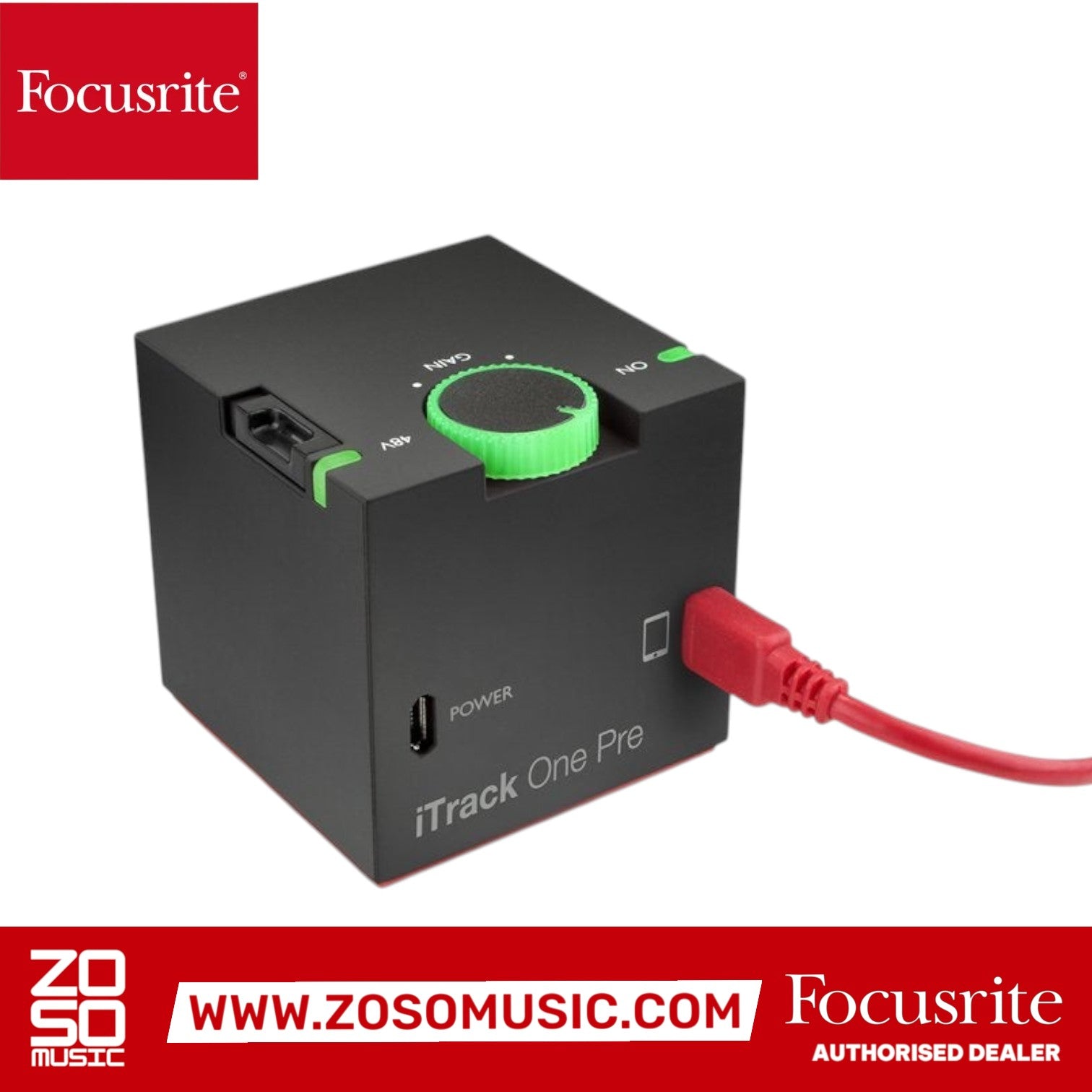 Zoso Music Focusrite iTrack One Pre microphone preamp with green gain halo and red cable for iOS devices