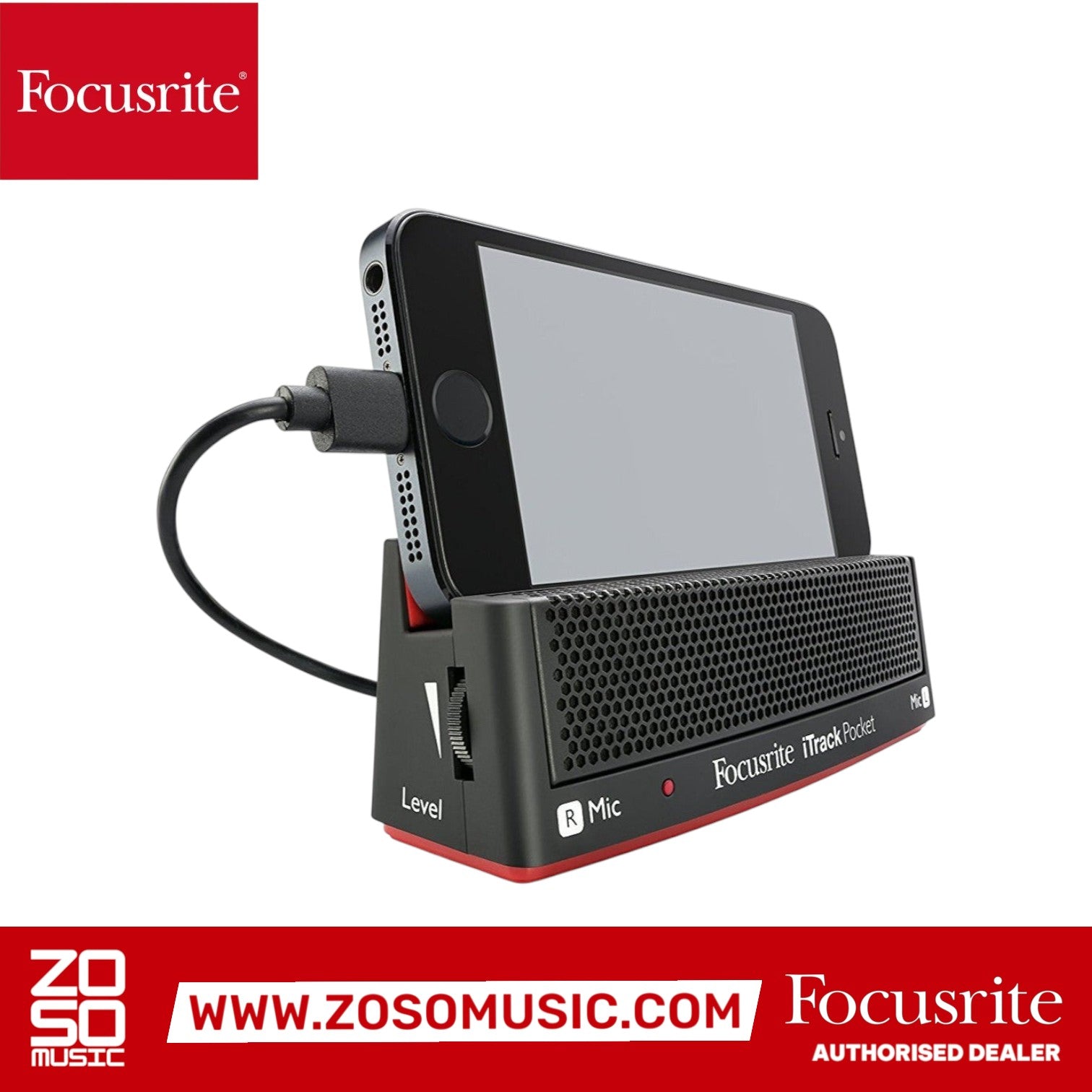 Zoso Music Focusrite iTrack Pocket audio interface with a smartphone docked for high-quality mobile recording