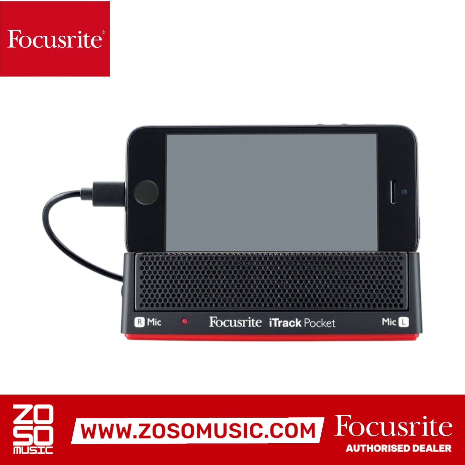 Zoso Music Focusrite iTrack Pocket audio interface with iPhone connected for high-quality stereo recording