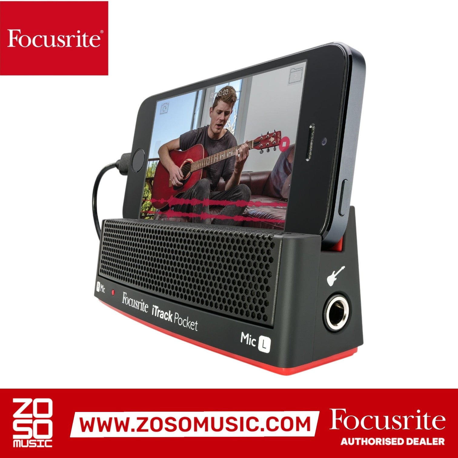 Zoso Music Focusrite iTrack Pocket audio interface with iPhone docked, featuring stereo mic and guitar input.