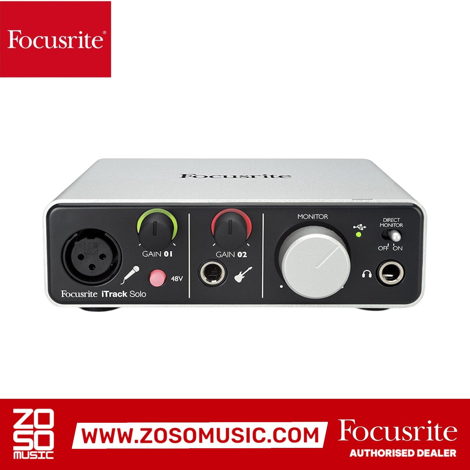 Zoso Music Focusrite iTrack Solo audio interface with aluminum unibody, XLR mic input, and gain halo indicators.