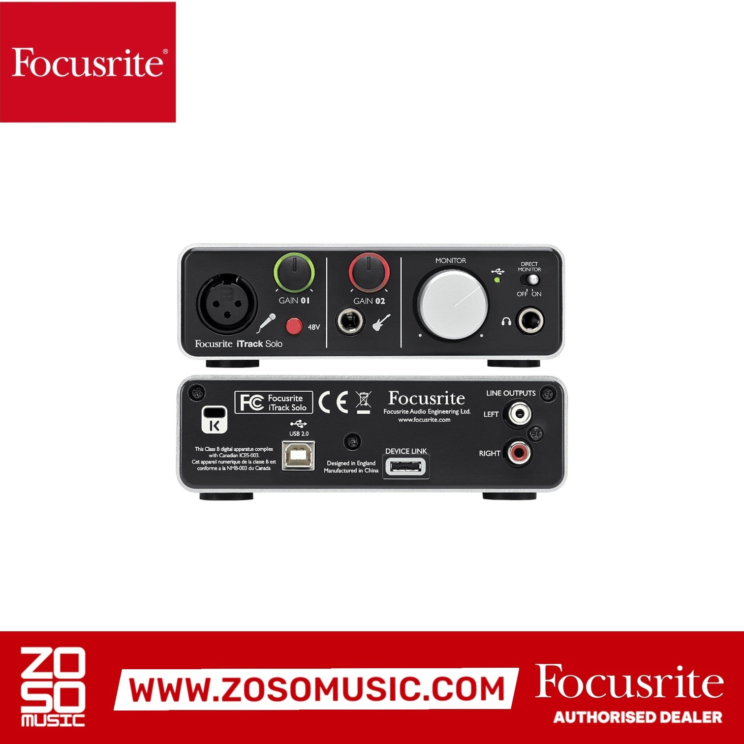 Zoso Music Focusrite iTrack Solo audio interface showing front and rear panels with XLR, instrument, and RCA inputs.