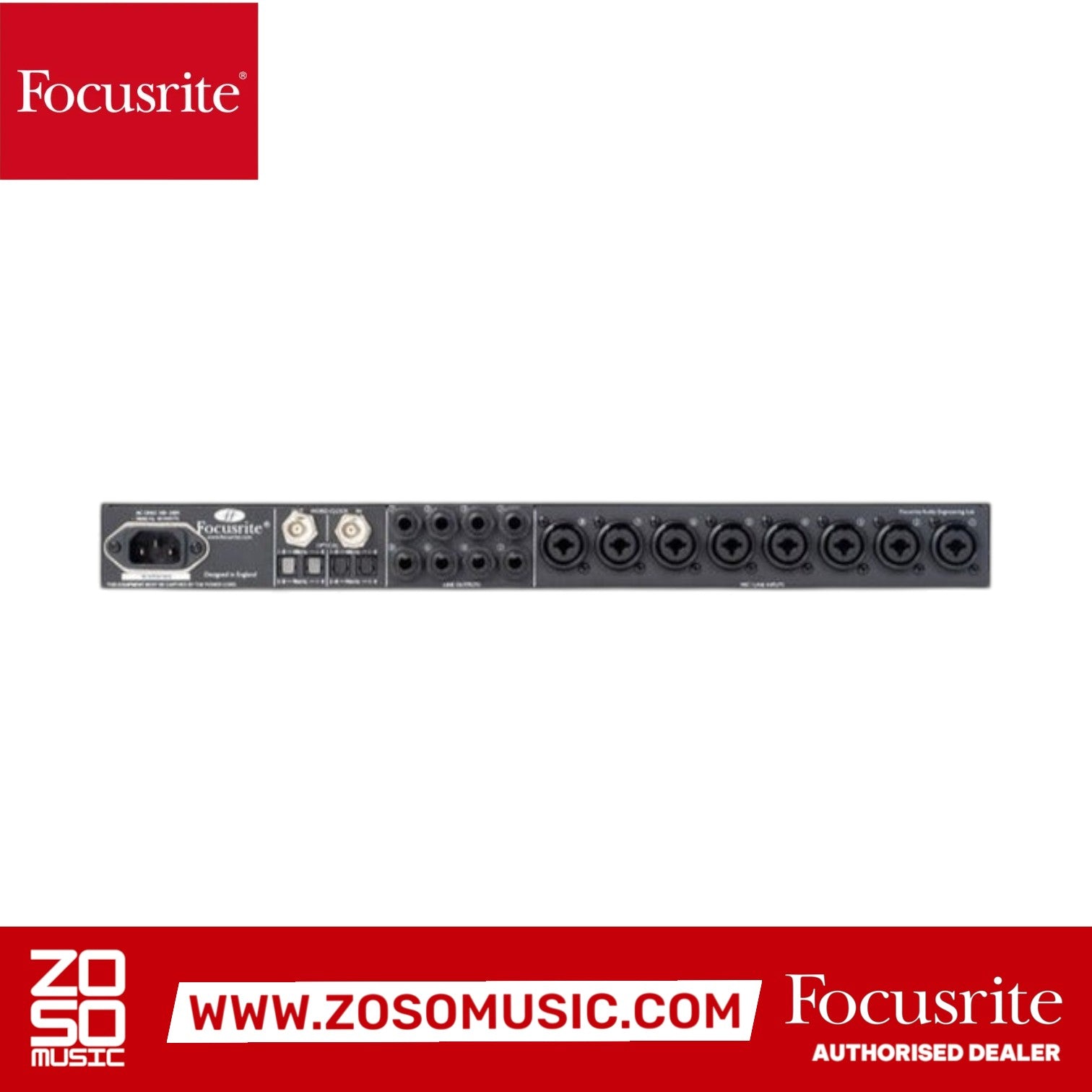 Zoso Music Focusrite OctoPre MkII rear panel showing eight XLR combo inputs, line outputs, and ADAT optical ports.