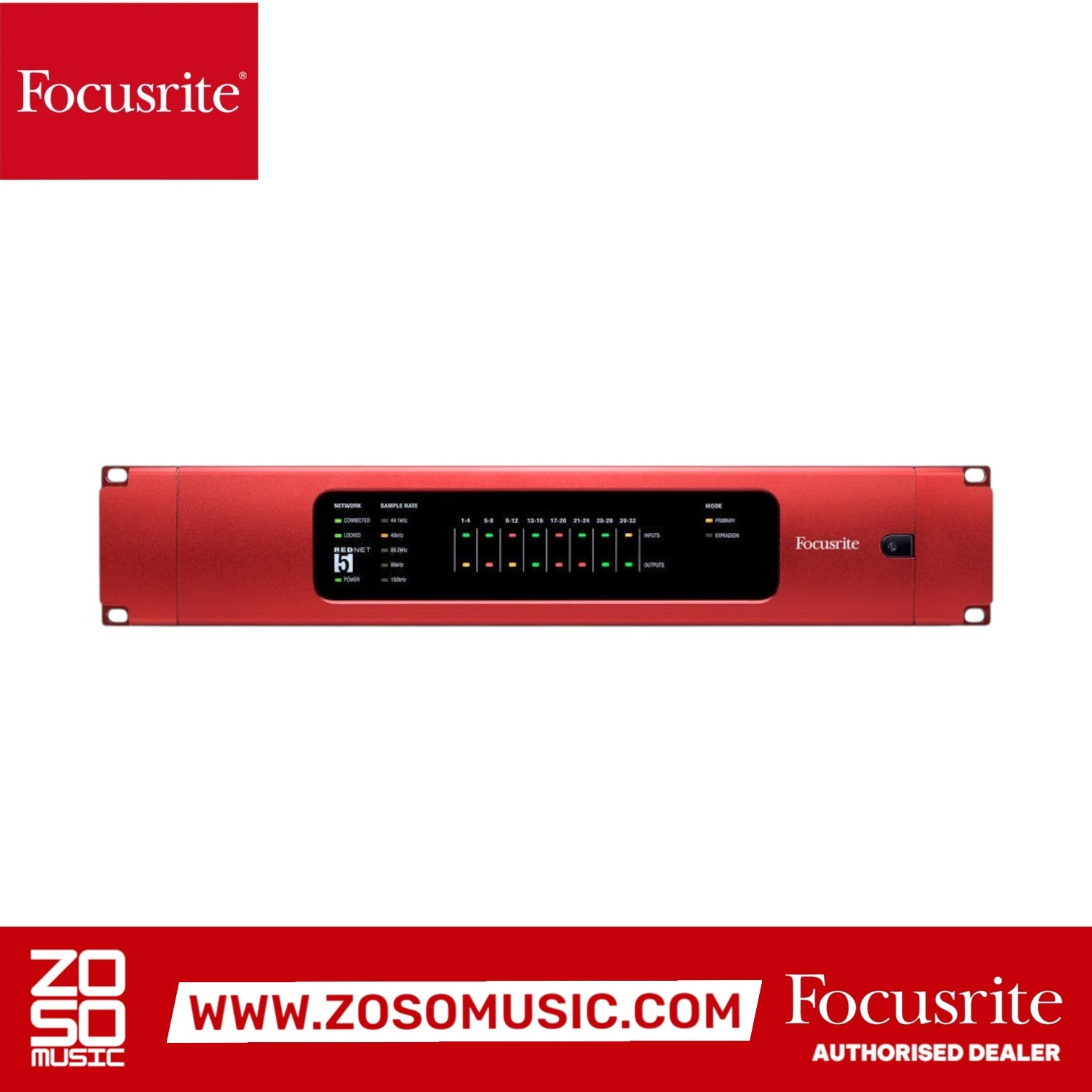 Zoso Music Focusrite RedNet 5 digital audio interface with red rackmount chassis and front panel LED indicators