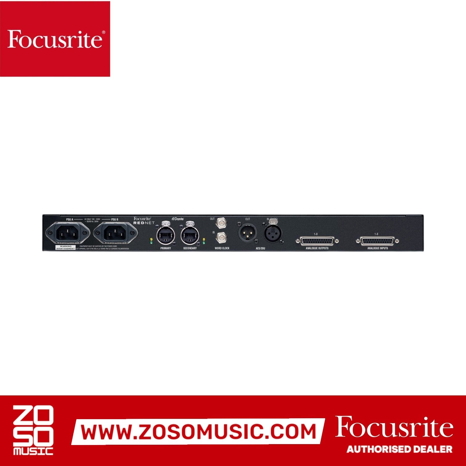 Rear panel of Zoso Music Focusrite RedNet A8R audio interface showing dual power, Dante, and DB25 connectivity.