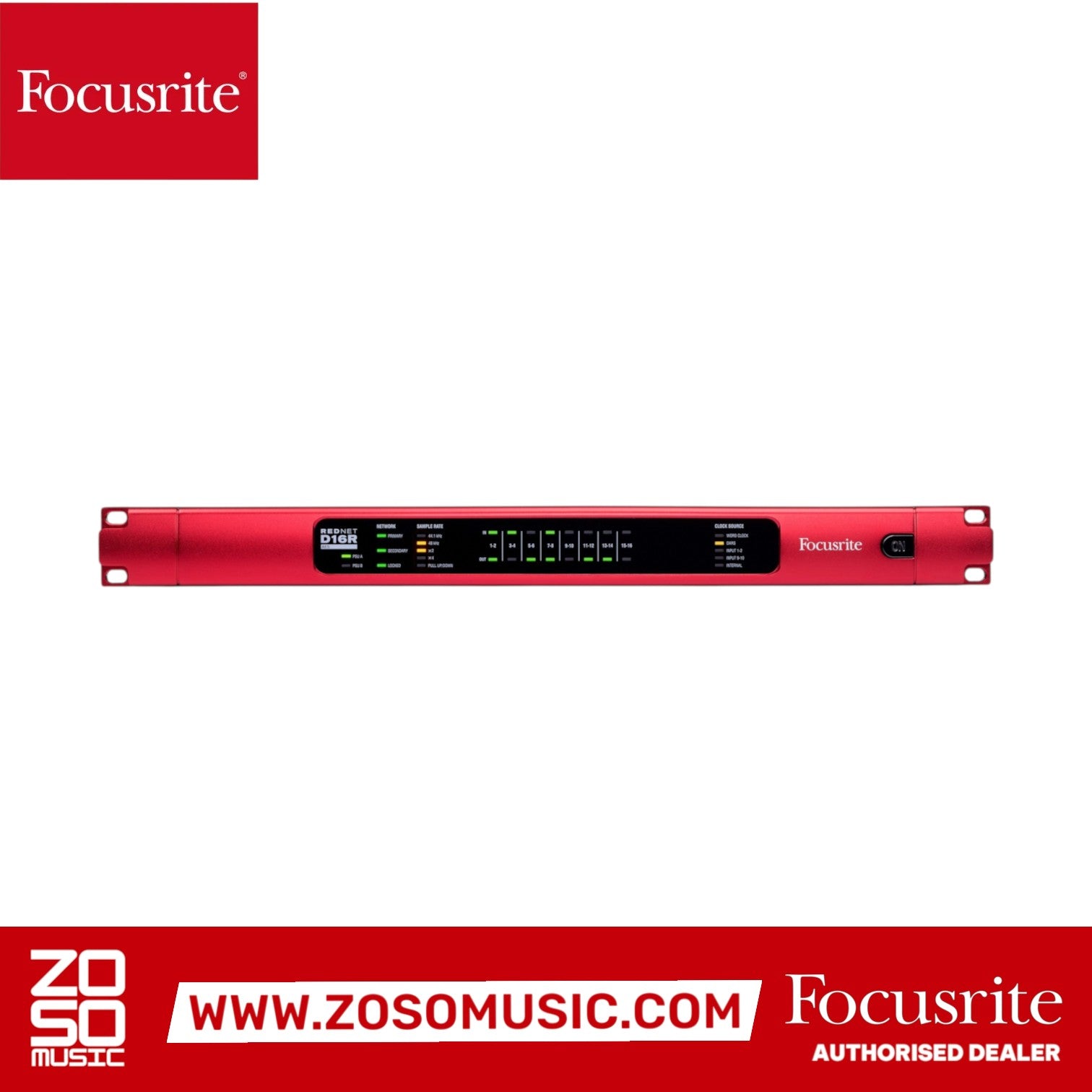 Zoso Music Focusrite RedNet D16R 16-channel AES/EBU to Dante bridge in a 1U rack-mount red metal chassis.