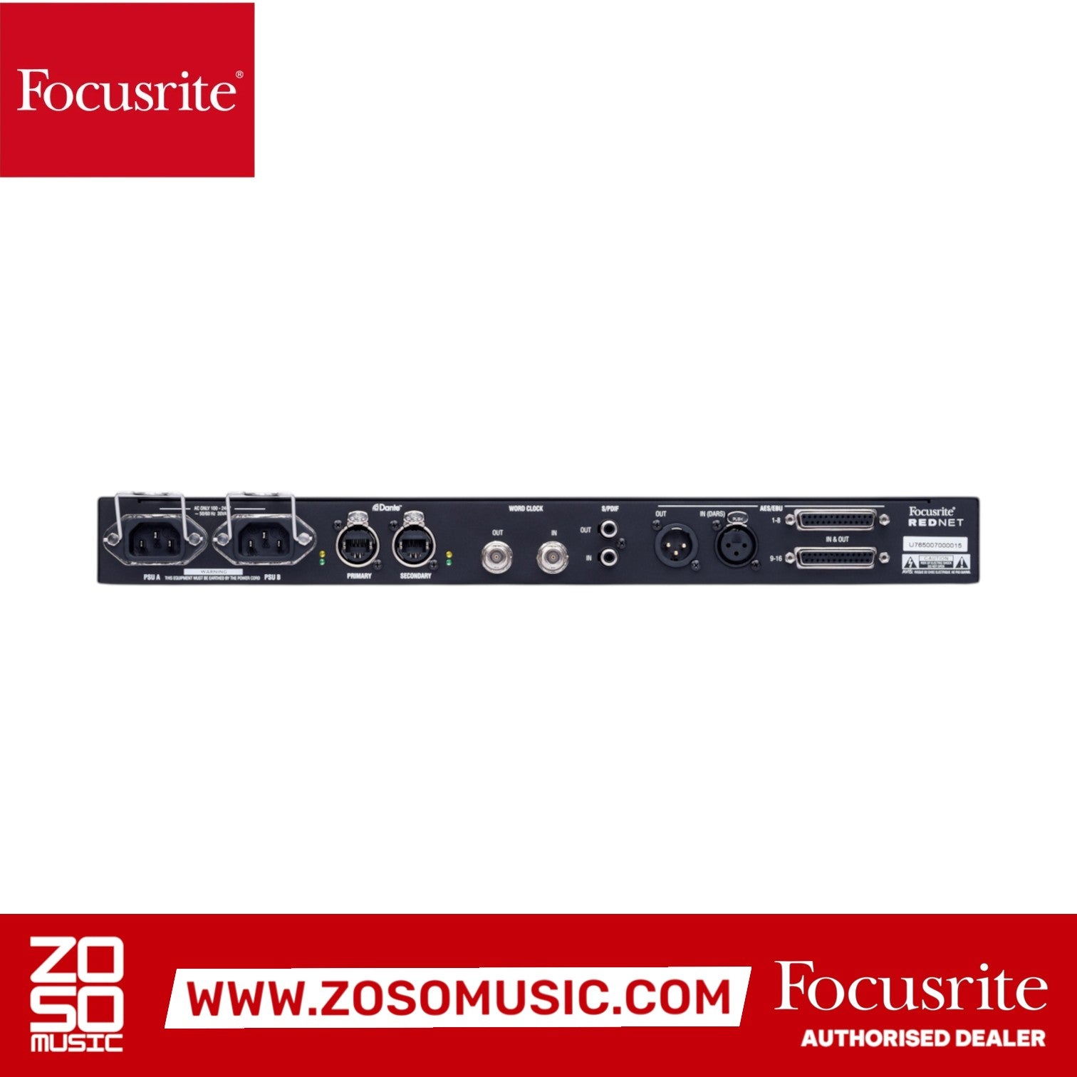 Zoso Music Focusrite RedNet D16R 16-channel AES/EBU to Dante bridge rear panel with redundant power and I/O ports