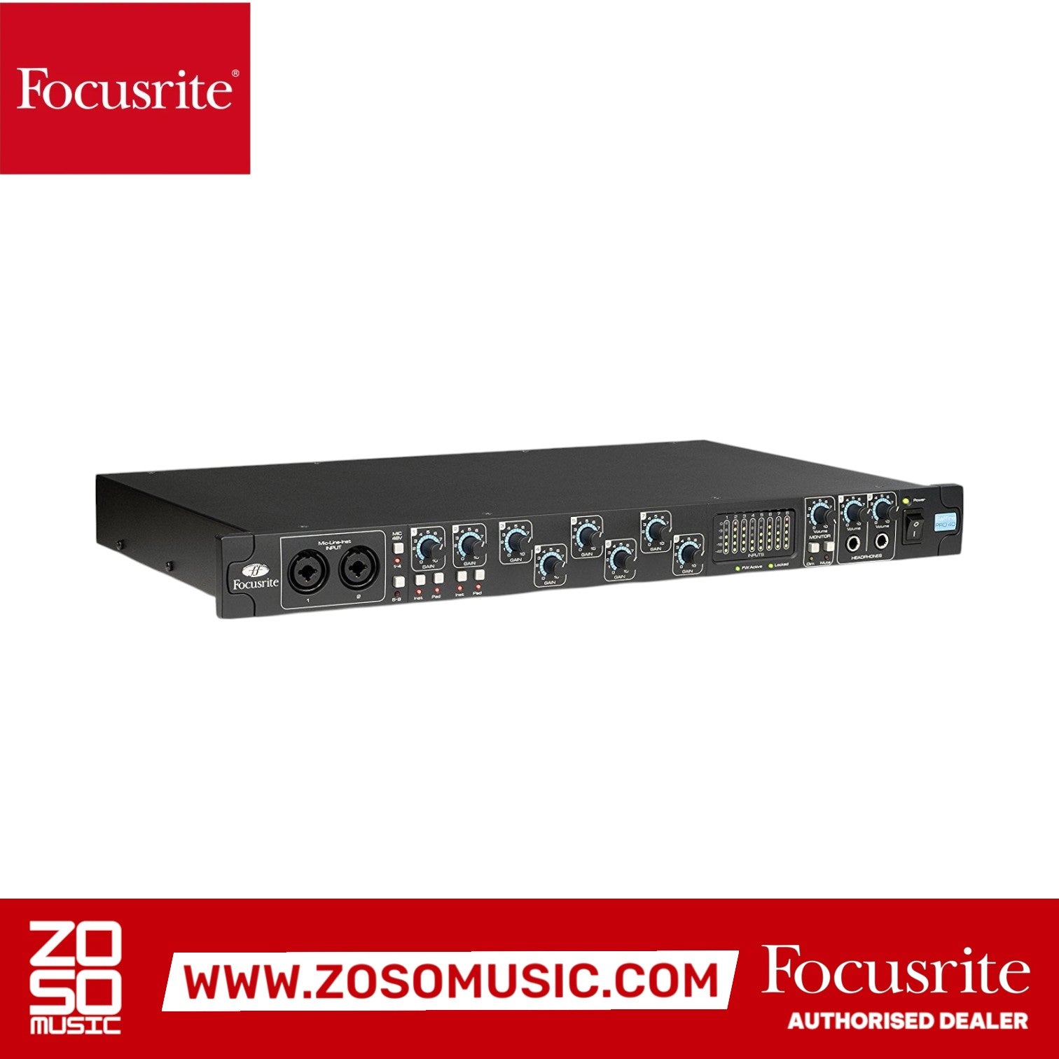Zoso Music Focusrite Saffire Pro 26 audio interface with front panel controls, gain knobs, and input ports.