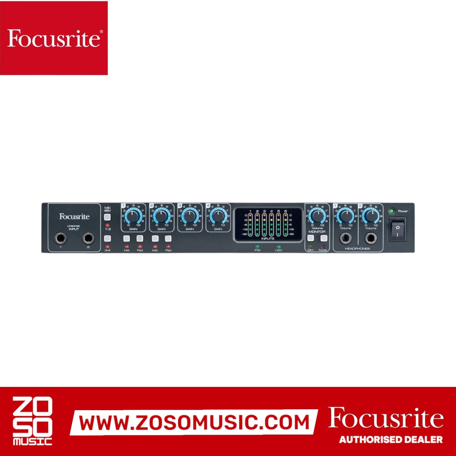 Zoso Music Focusrite Saffire Pro 26 audio interface front panel with gain knobs, input meters, and headphone jacks.