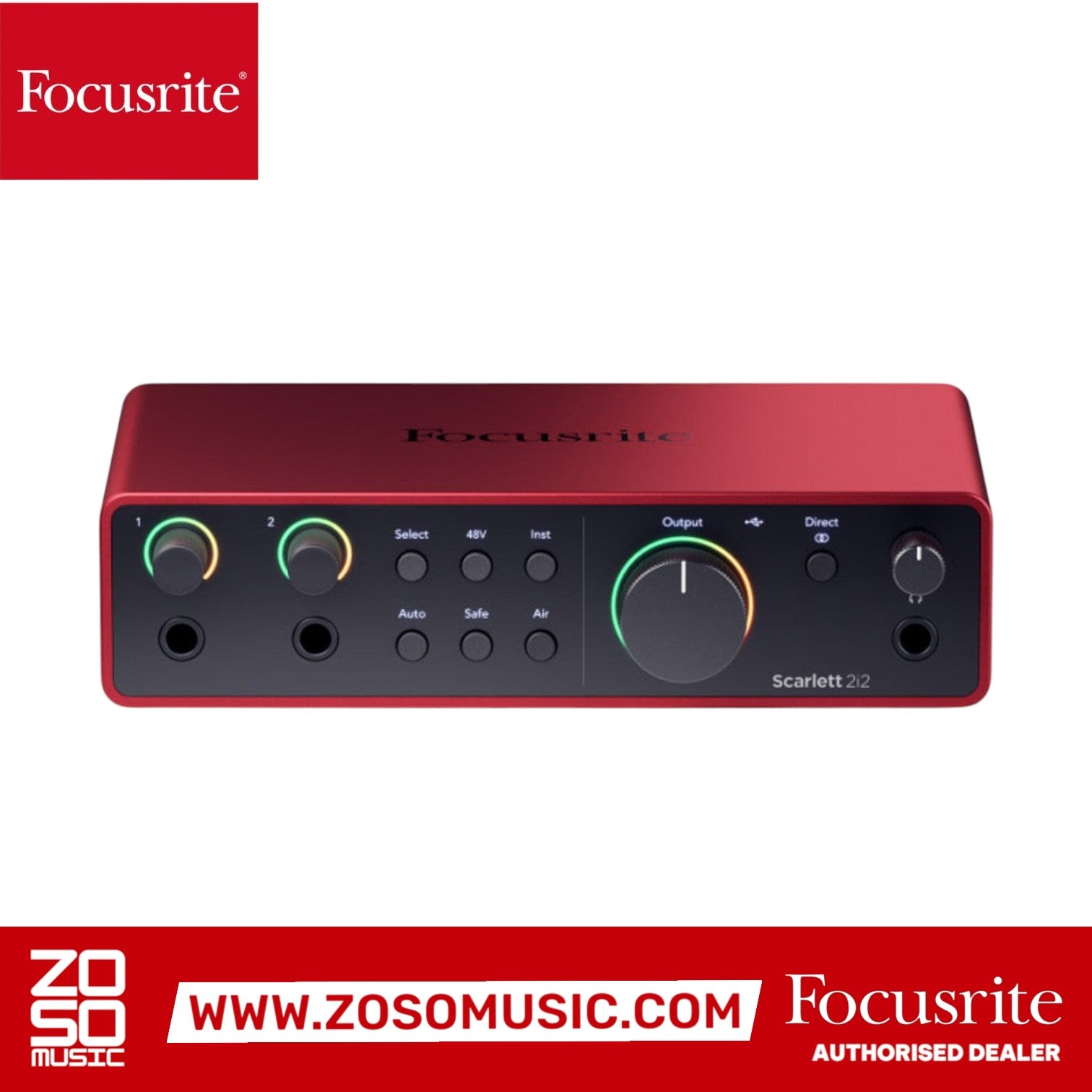 Zoso Music Focusrite Scarlett 2i2 4th Gen red USB audio interface with front panel controls and LED gain rings
