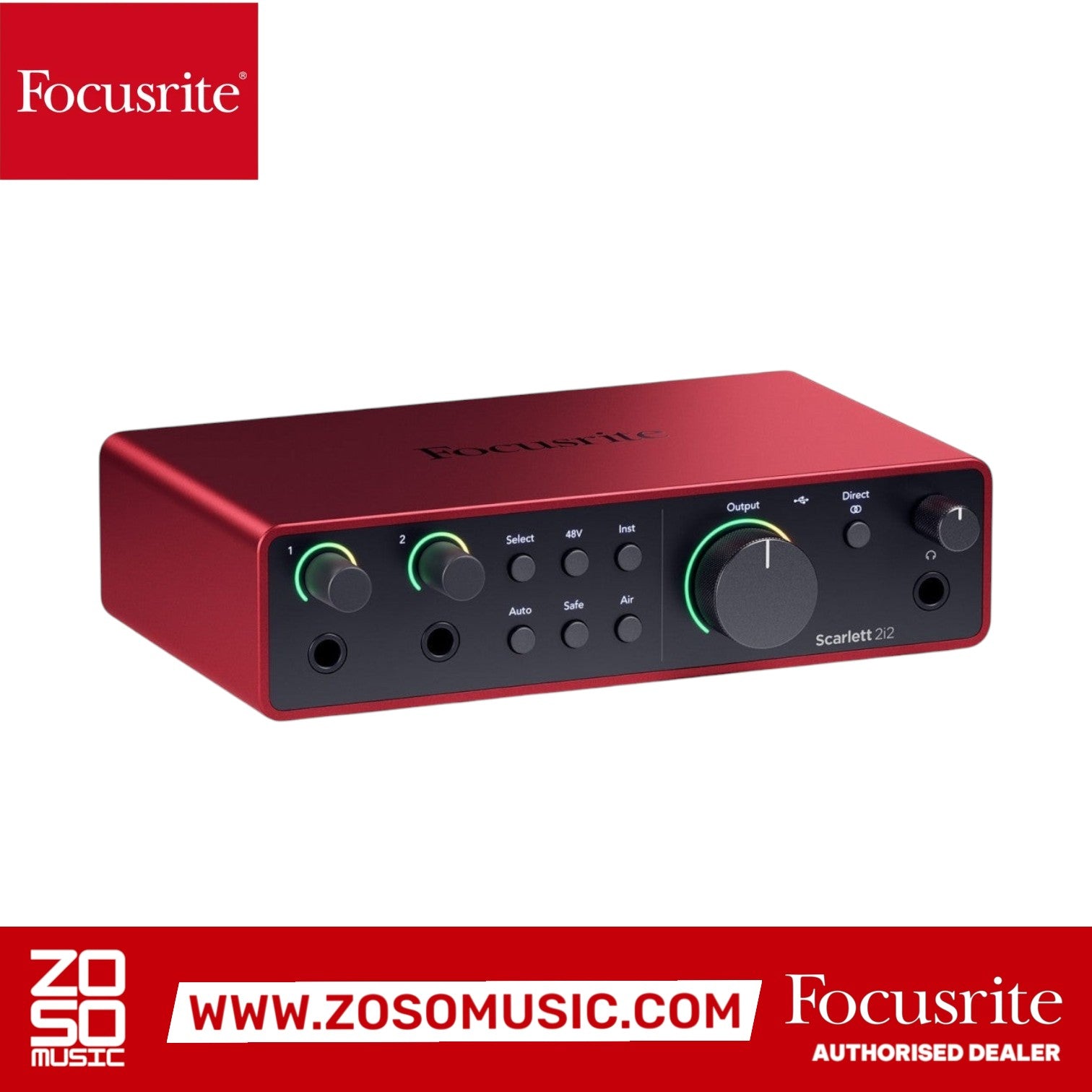 Zoso Music Focusrite Scarlett 2i2 4th Gen red USB audio interface with two mic preamps and gain control knobs