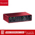 Zoso Music Focusrite Scarlett 2i2 4th Gen red USB audio interface with two mic preamps and gain control knobs