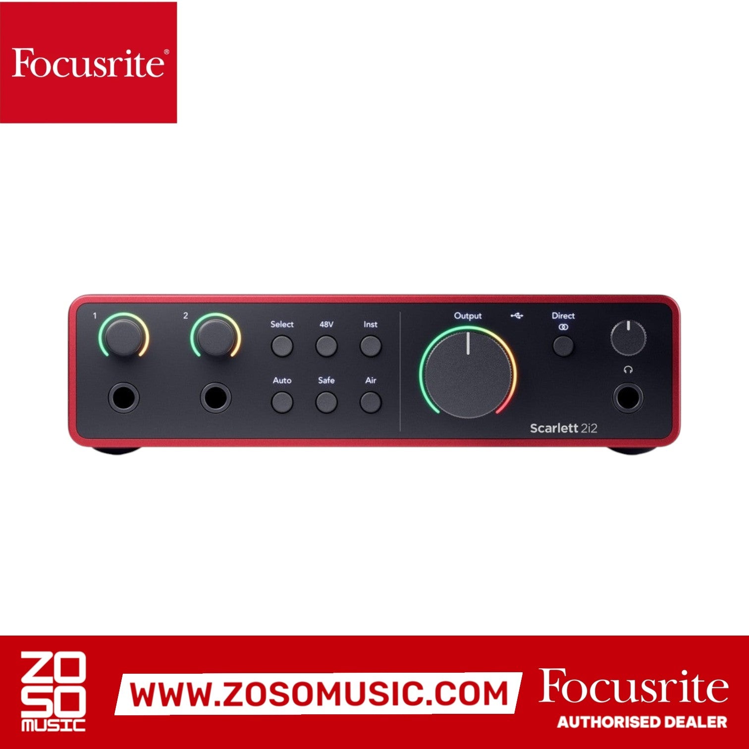 Zoso Music Focusrite Scarlett 2i2 4th Gen USB audio interface with two inputs, gain knobs, and red metal chassis.