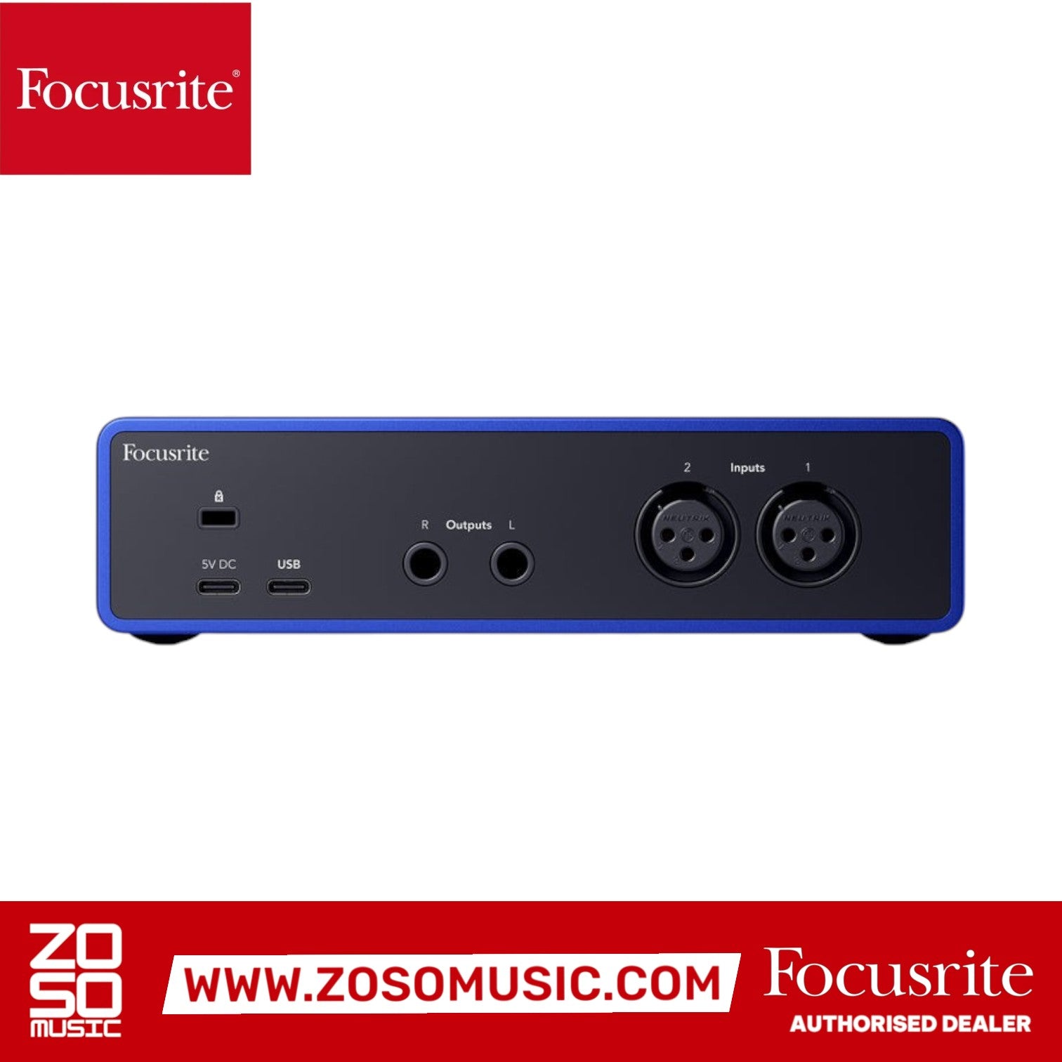 Zoso Music Focusrite Scarlett 2i2 4th Gen Anniversary Edition audio interface rear panel with inputs and outputs