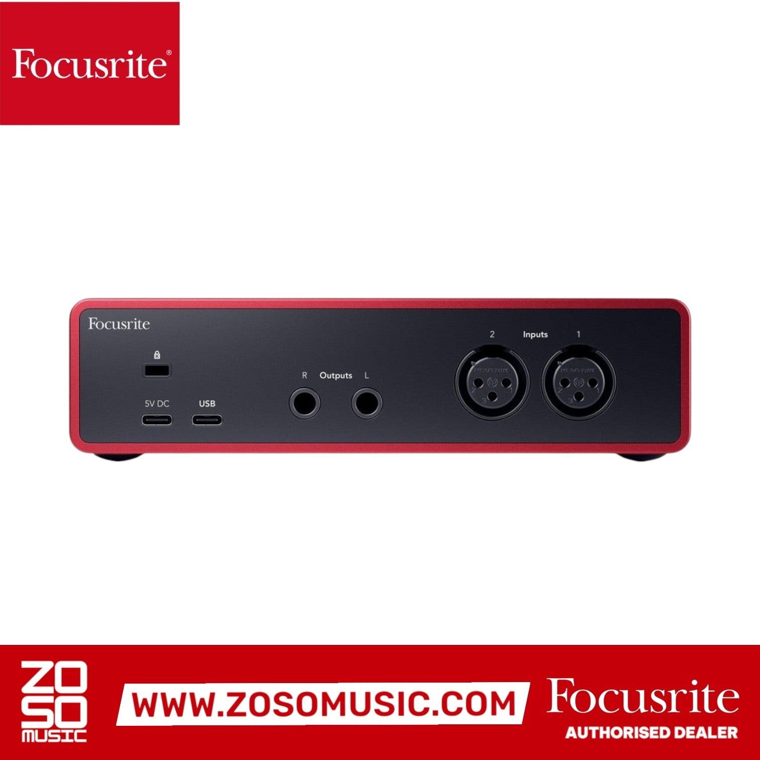 Zoso Music Focusrite Scarlett 2i2 4th Gen audio interface rear panel showing USB-C, line outputs, and input ports.