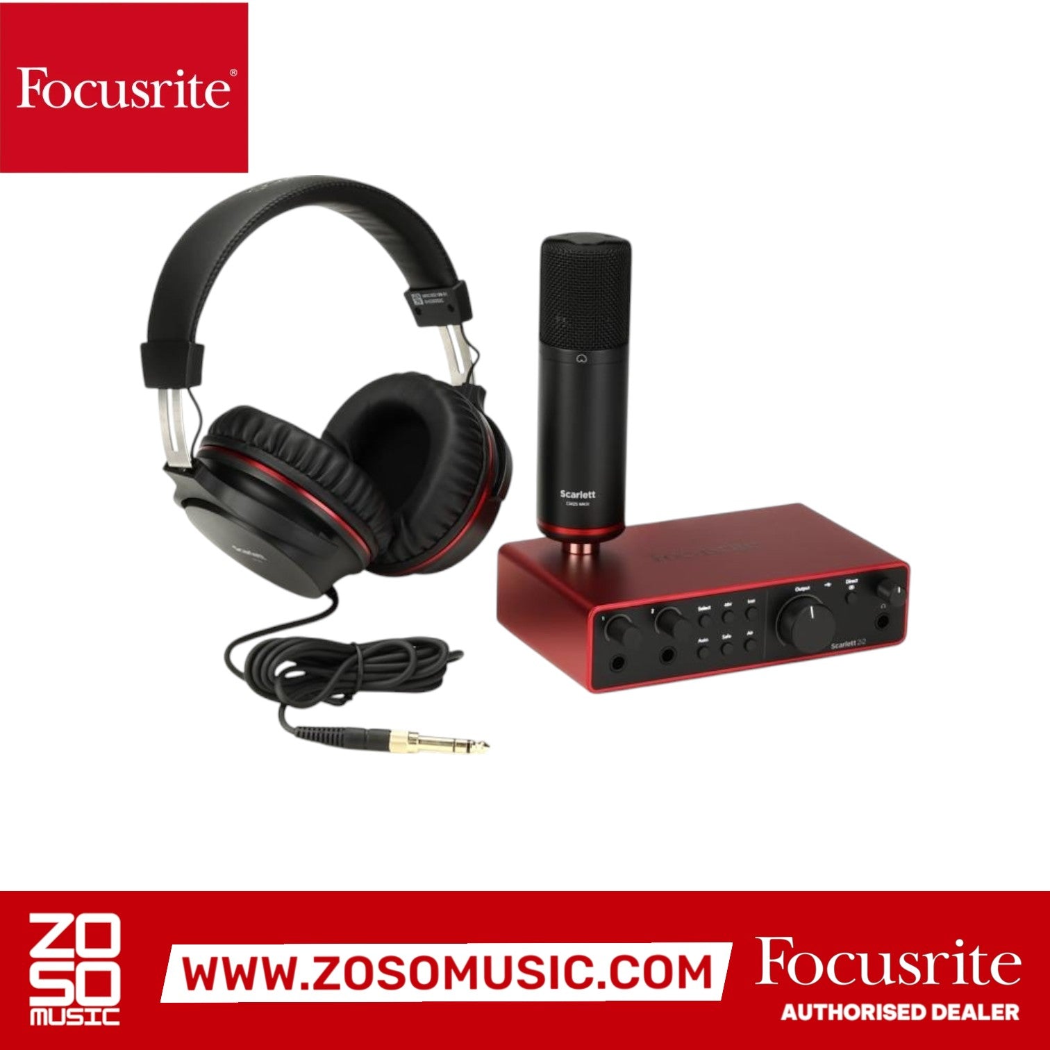 Zoso Music Focusrite Scarlett 2i2 Studio 4th Gen bundle with audio interface, CM25 MkIII microphone, and headphones.