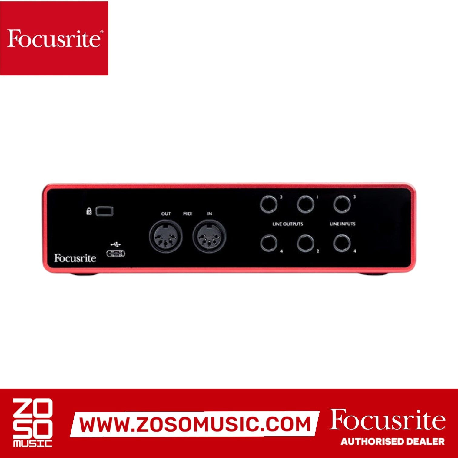 Zoso Music Focusrite Scarlett 2i4 2nd Gen audio interface rear panel showing MIDI and line output ports