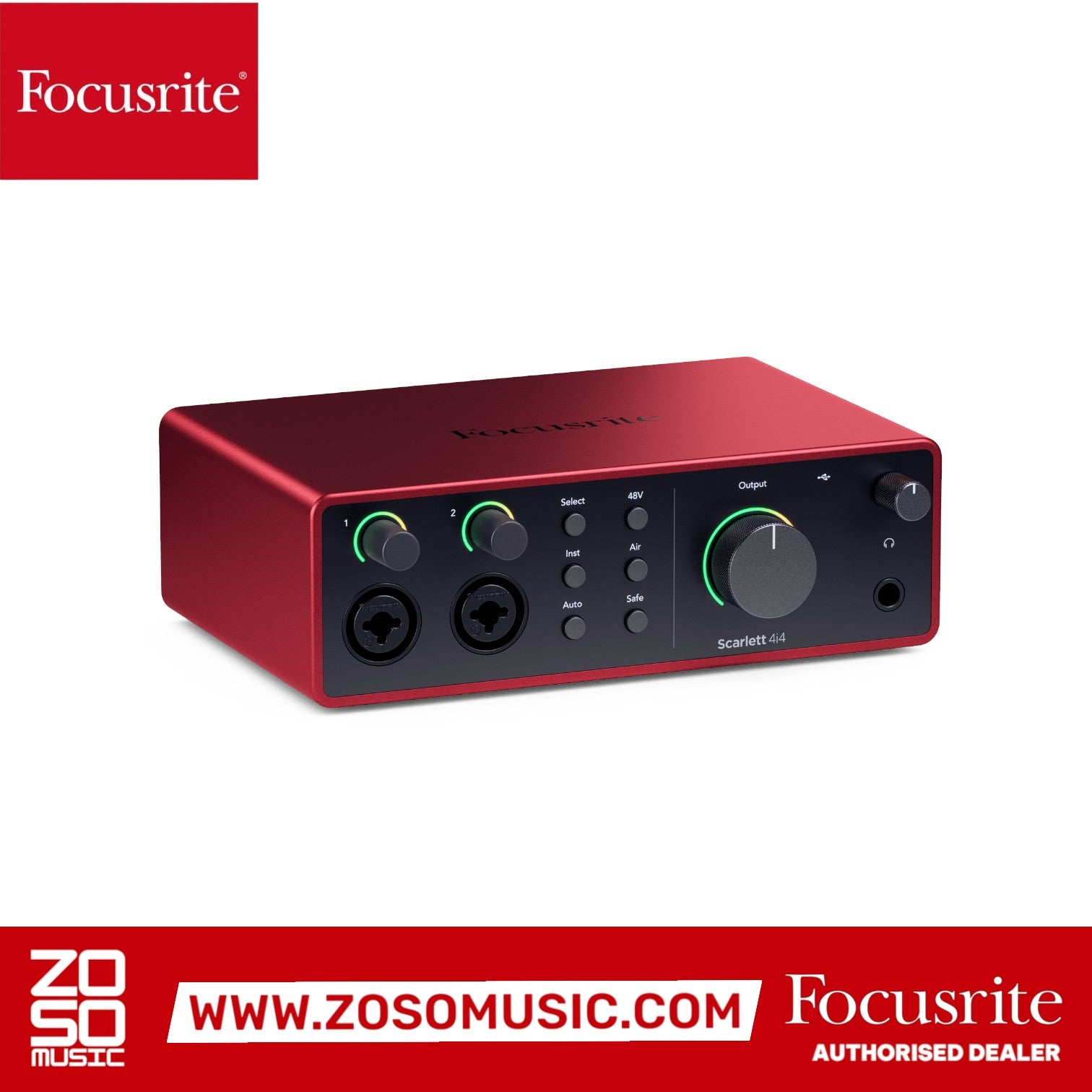 Zoso Music Focusrite Scarlett 4i4 4th Gen red USB audio interface with front panel controls and inputs