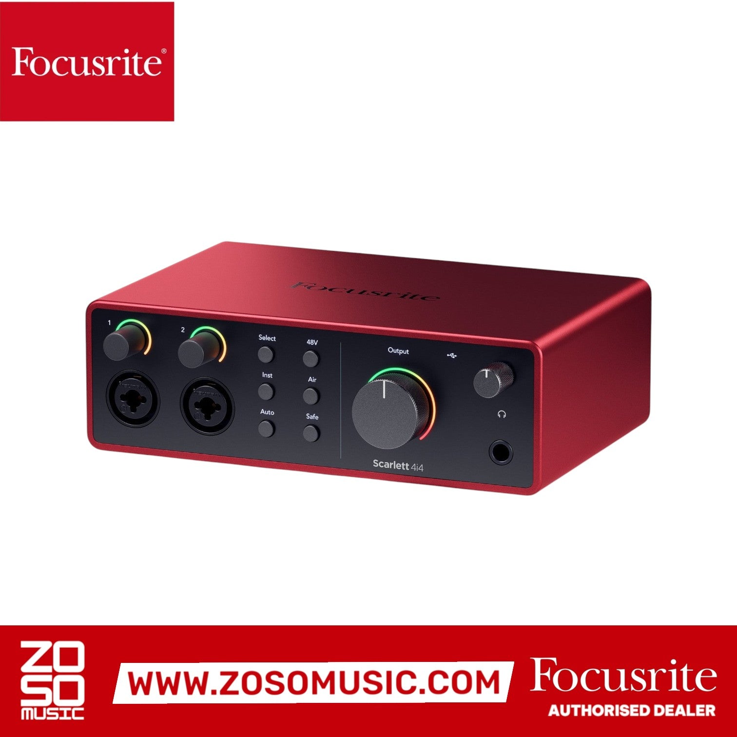 Zoso Music Focusrite Scarlett 4i4 4th Gen USB audio interface in signature red with front panel controls and inputs