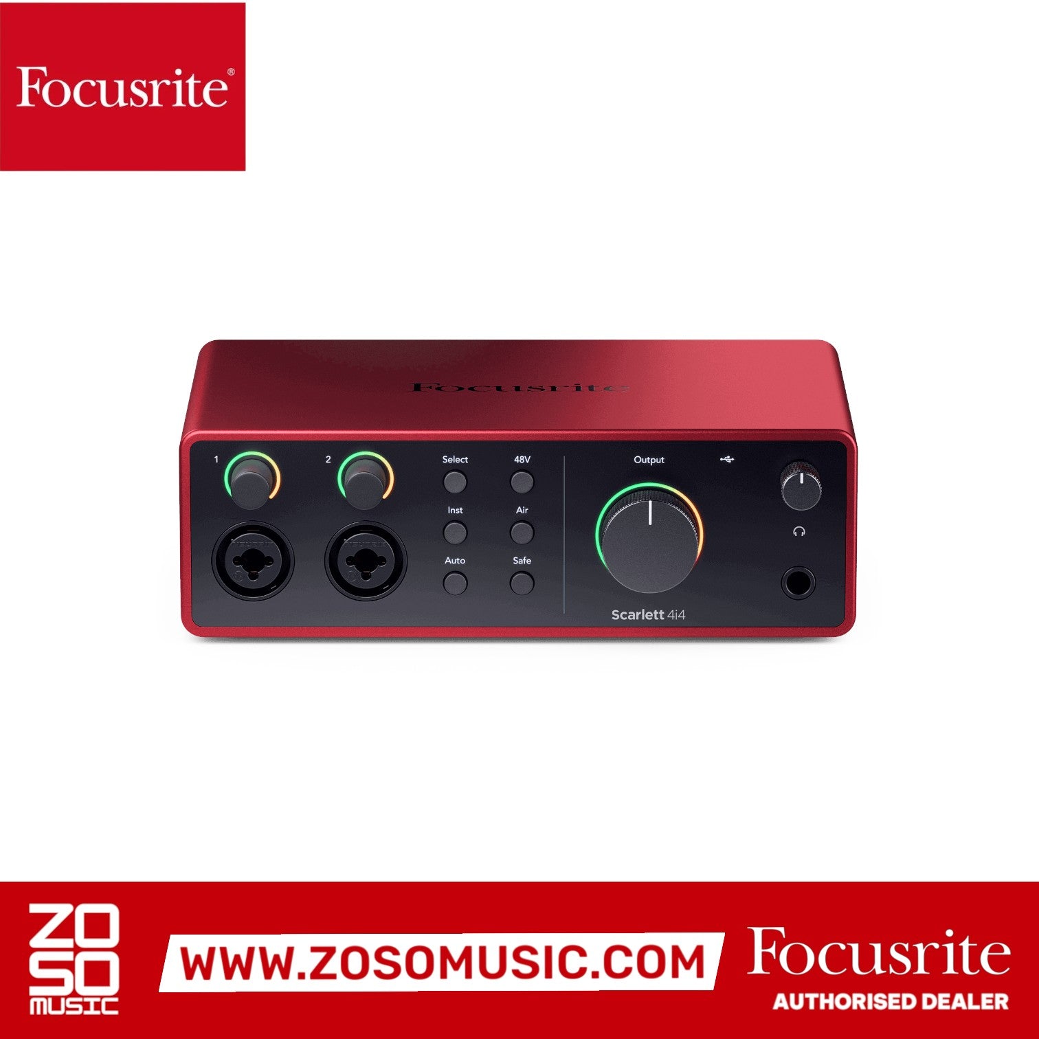 Zoso Music Focusrite Scarlett 4i4 4th Gen red desktop USB audio interface with dual mic preamps and LED gain rings.