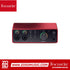 Zoso Music Focusrite Scarlett 4i4 4th Gen red desktop USB audio interface with dual mic preamps and LED gain rings.
