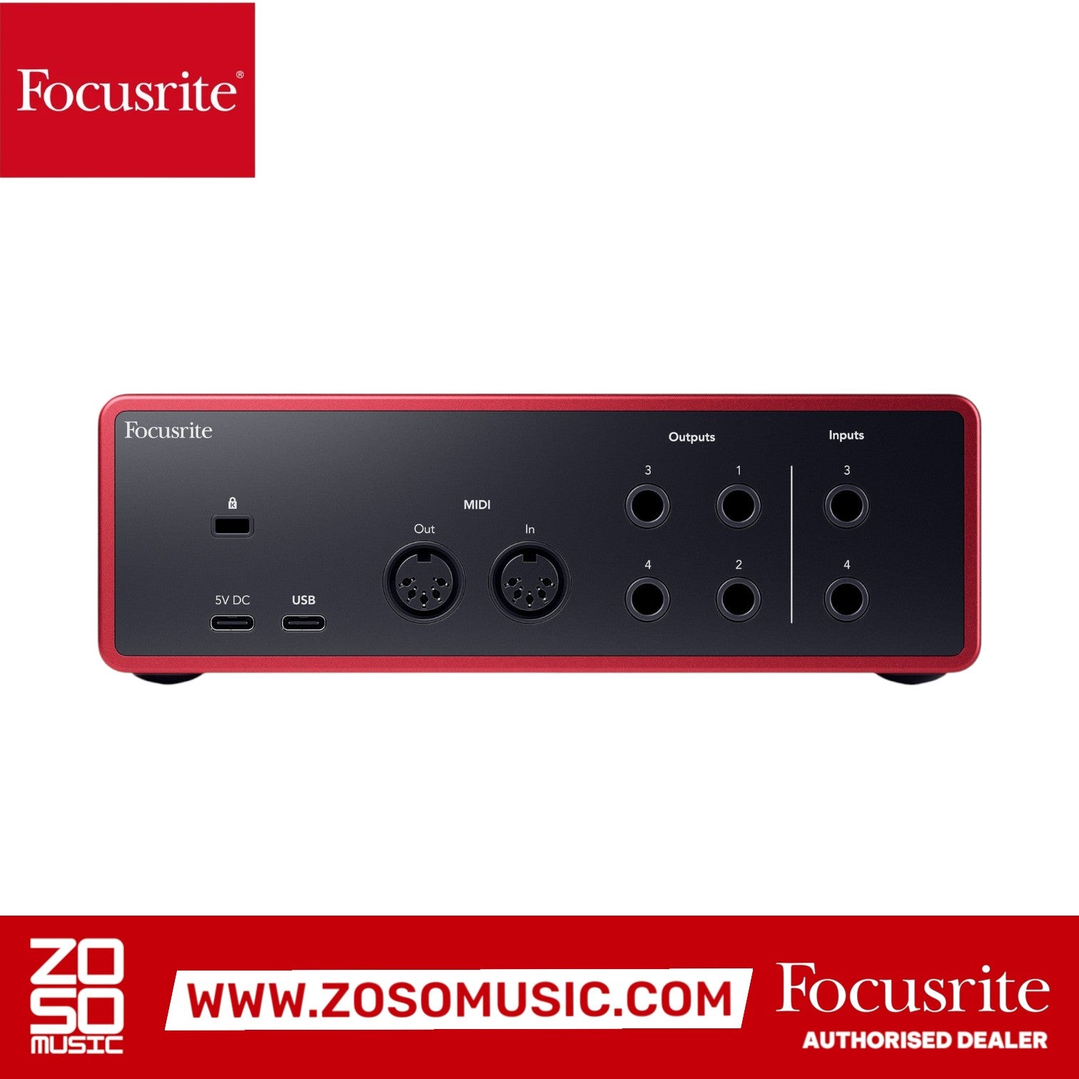 Rear view of the Zoso Music Focusrite Scarlett 4i4 4th Gen audio interface showing MIDI, USB-C, and line I/O ports.