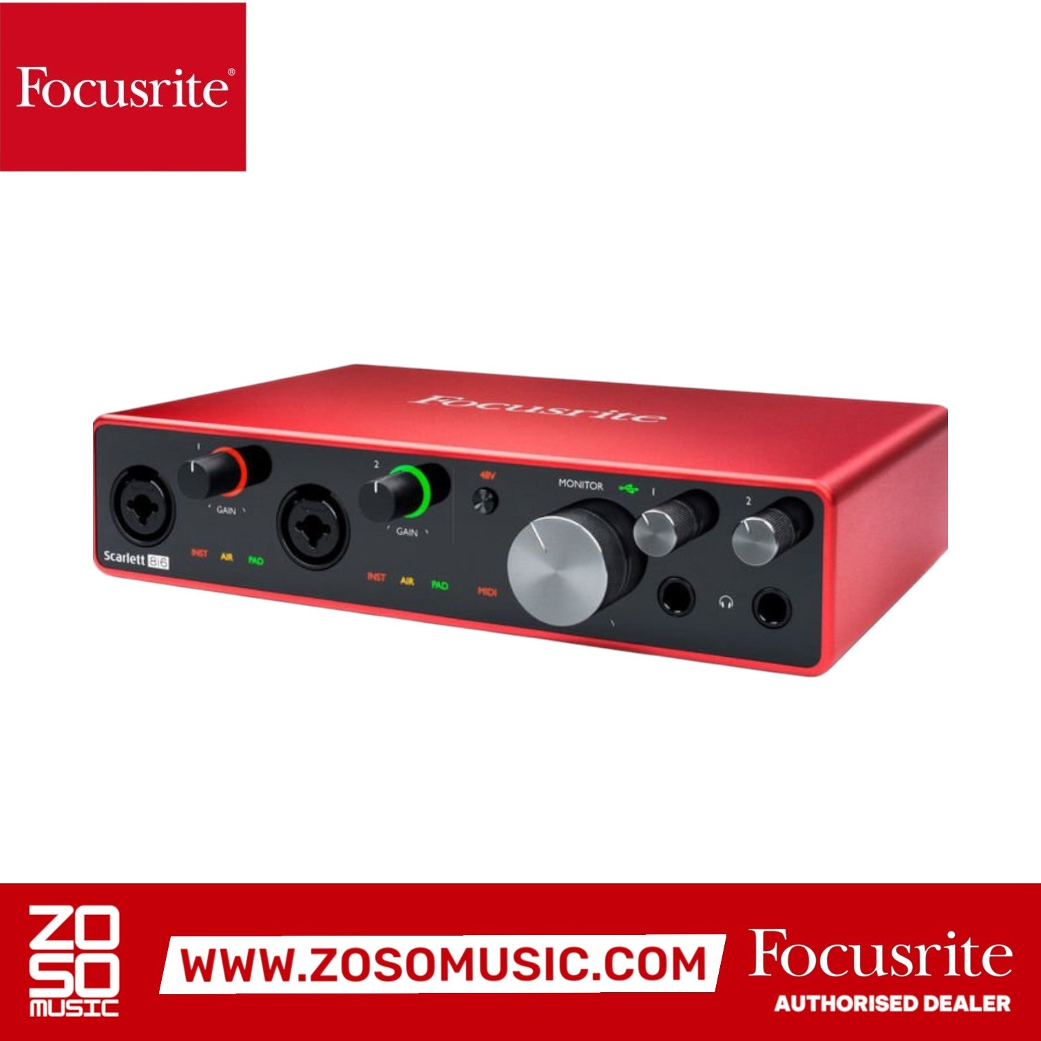 Zoso Music Focusrite Scarlett 8i6 3rd Gen USB audio interface in iconic red metal finish with front panel controls