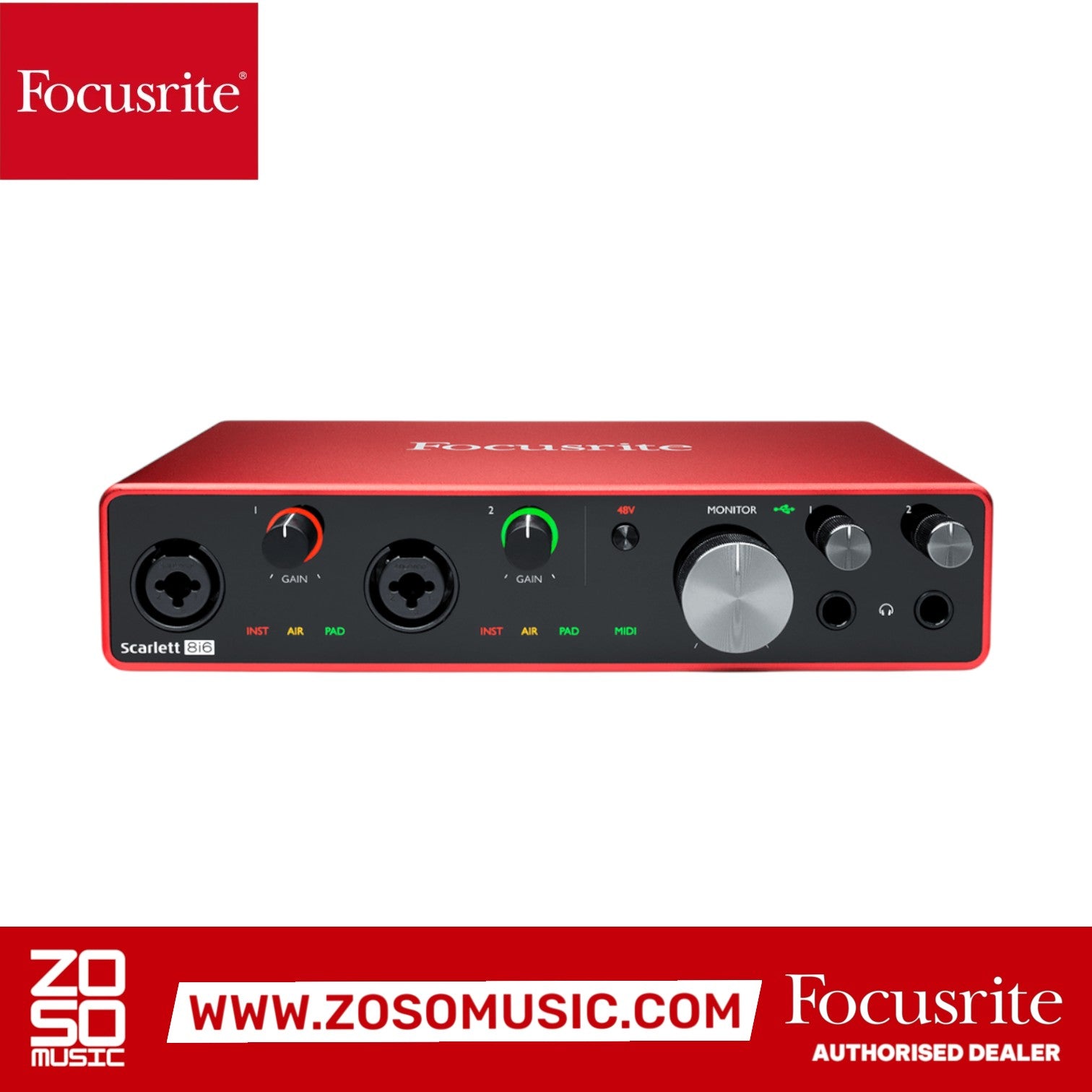 Zoso Music Focusrite Scarlett 8i6 3rd Gen red USB audio interface with dual mic preamps and headphone outputs