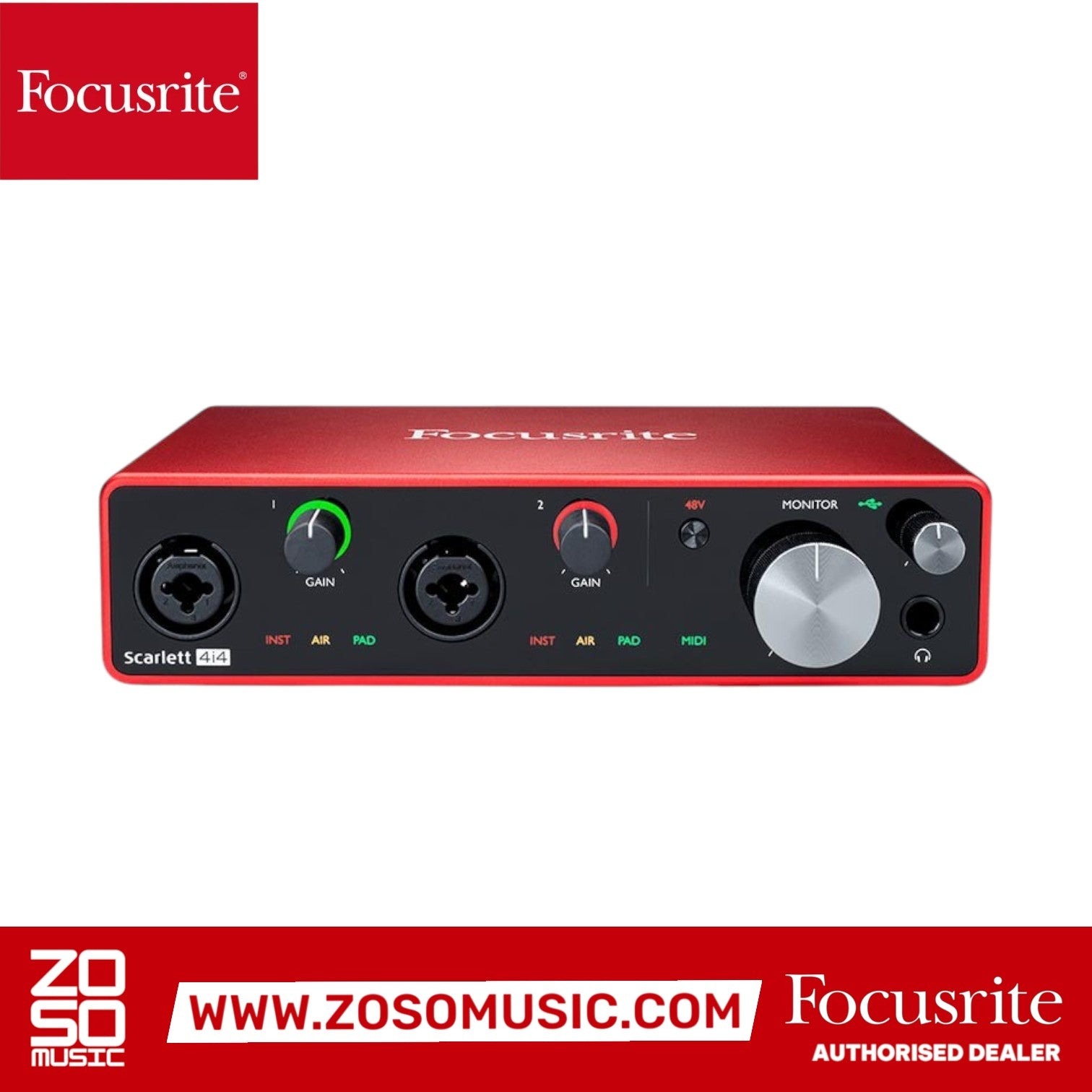 Zoso Music Focusrite Scarlett 2i4 2nd Gen USB audio interface with red metal chassis and dual mic preamps